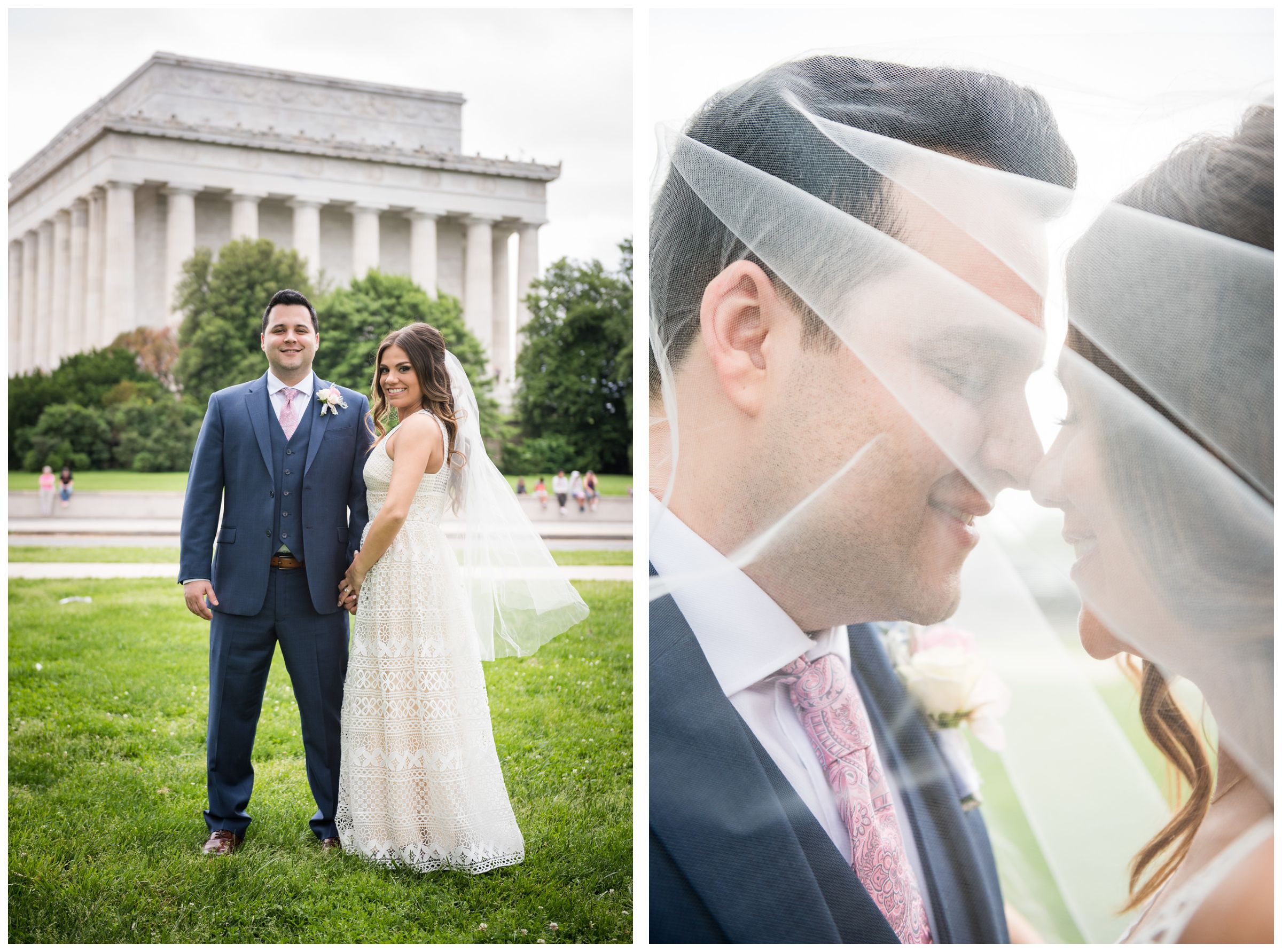bride and groom in front of Lincoln Memorial during DC monument wedding day