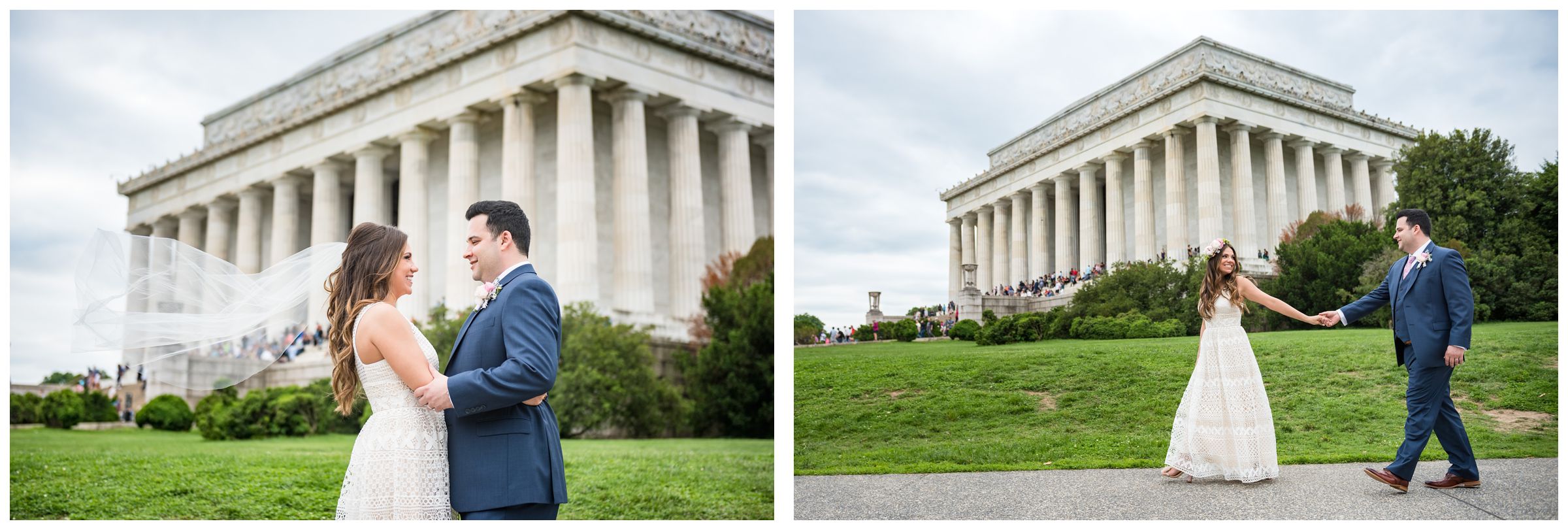 bride and groom in front of Lincoln Memorial during DC monument wedding day in Washington