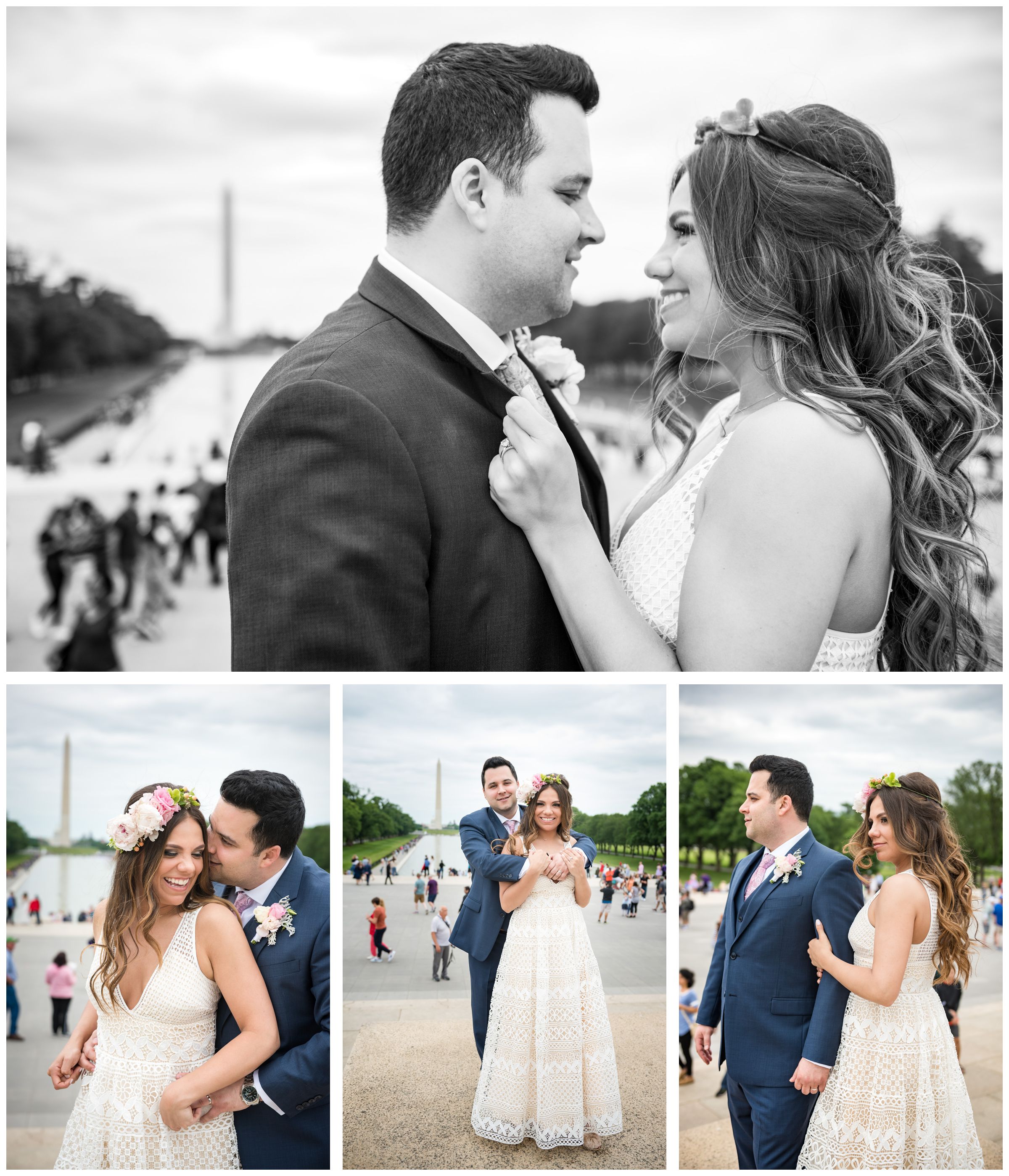 bride and groom portraits in front of reflecting pool and Washington Monument during DC monument wedding day in Washington