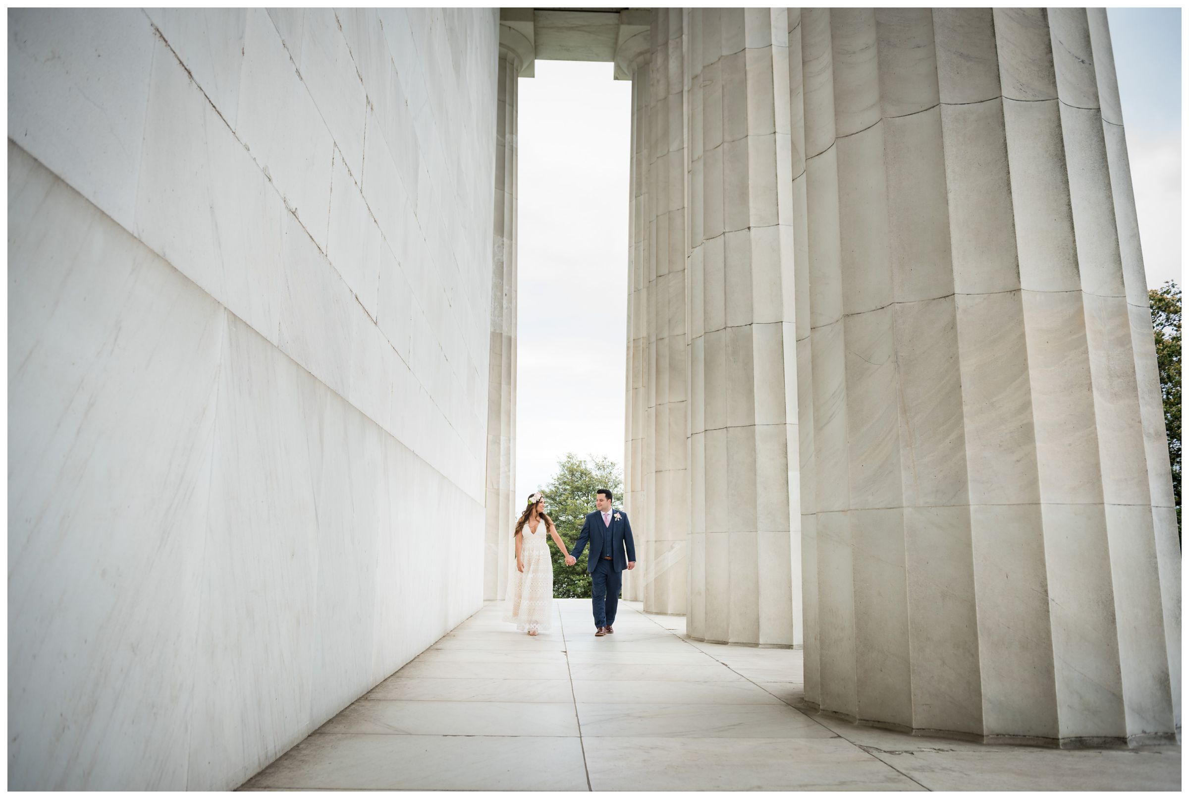 bride and groom portraits at Lincoln Memorial during DC monument wedding day in Washington