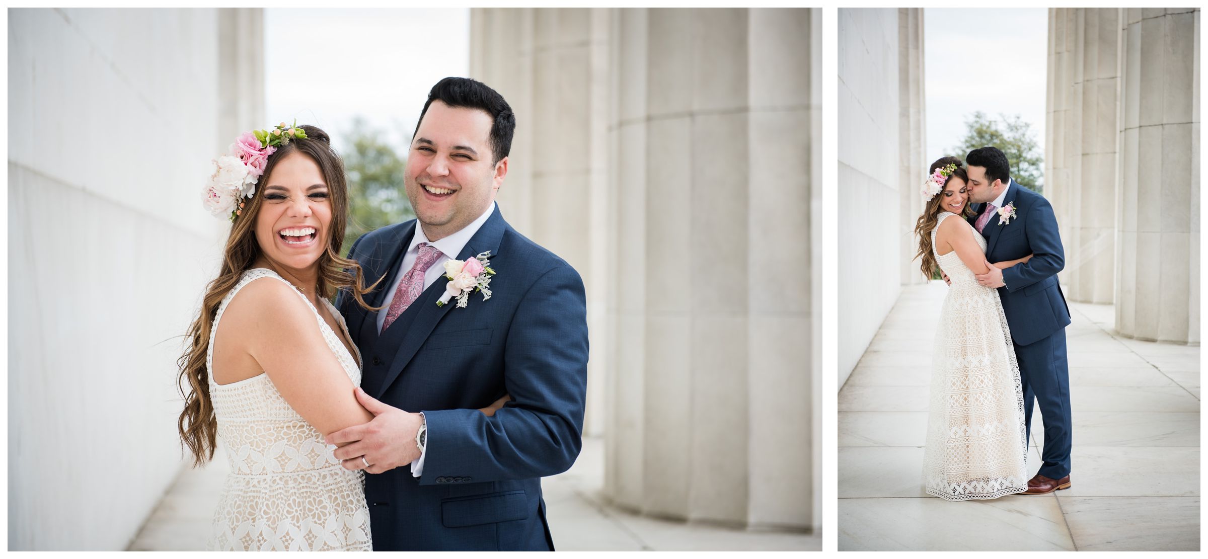 bride and groom portraits at Lincoln Memorial during DC monument wedding day on National Mall