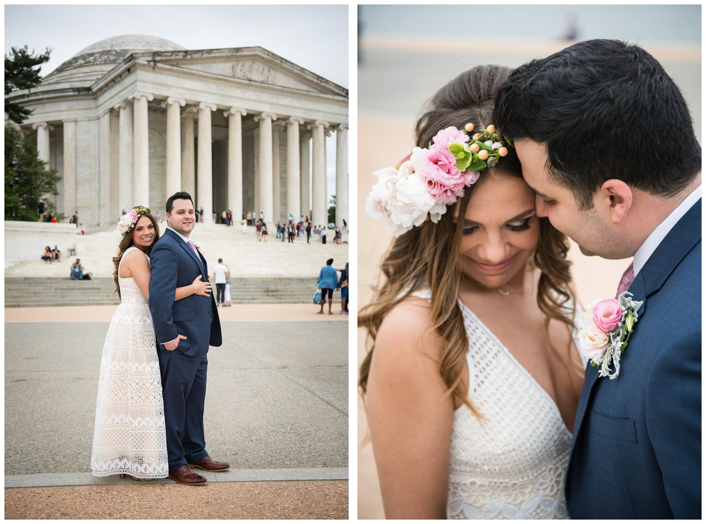 bride with flower crown and groom portraits at the Jefferson Memorial during DC monument wedding day in Washington