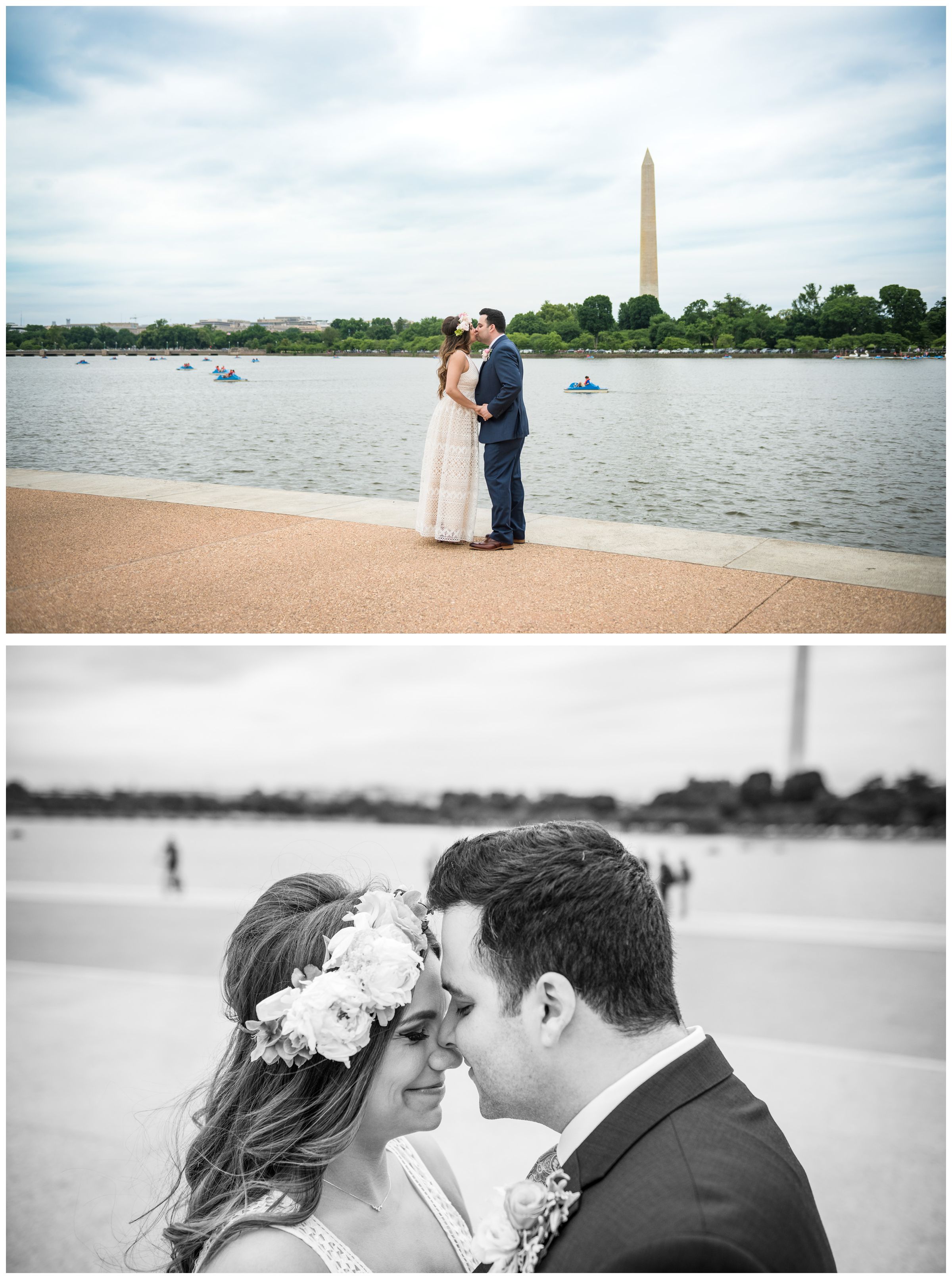 bride with flower crown and groom portraits along tidal basin during DC monument wedding day in Washington