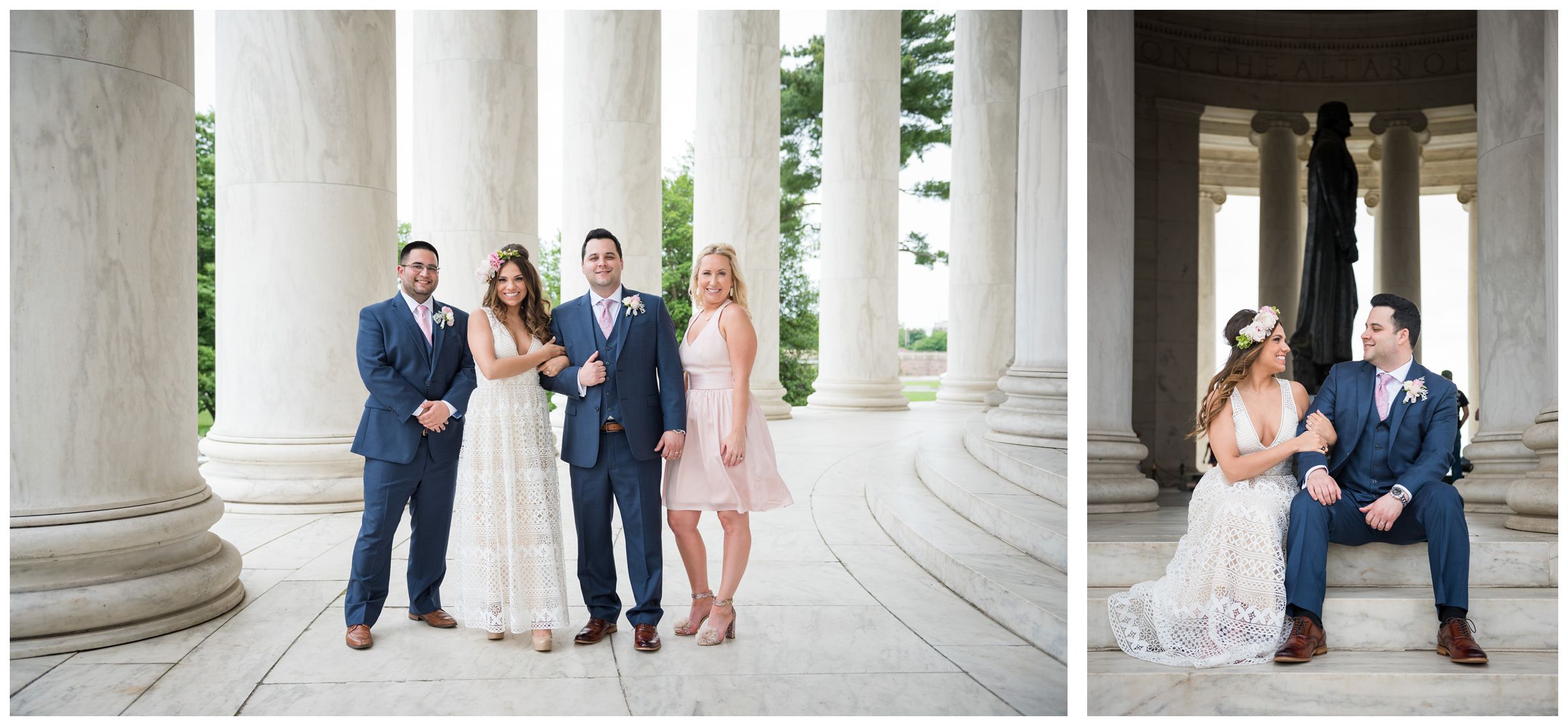 bride and groom with best man and matron of honor amongst columns at Jefferson Memorial on the National Mall in Washington, D.C.
