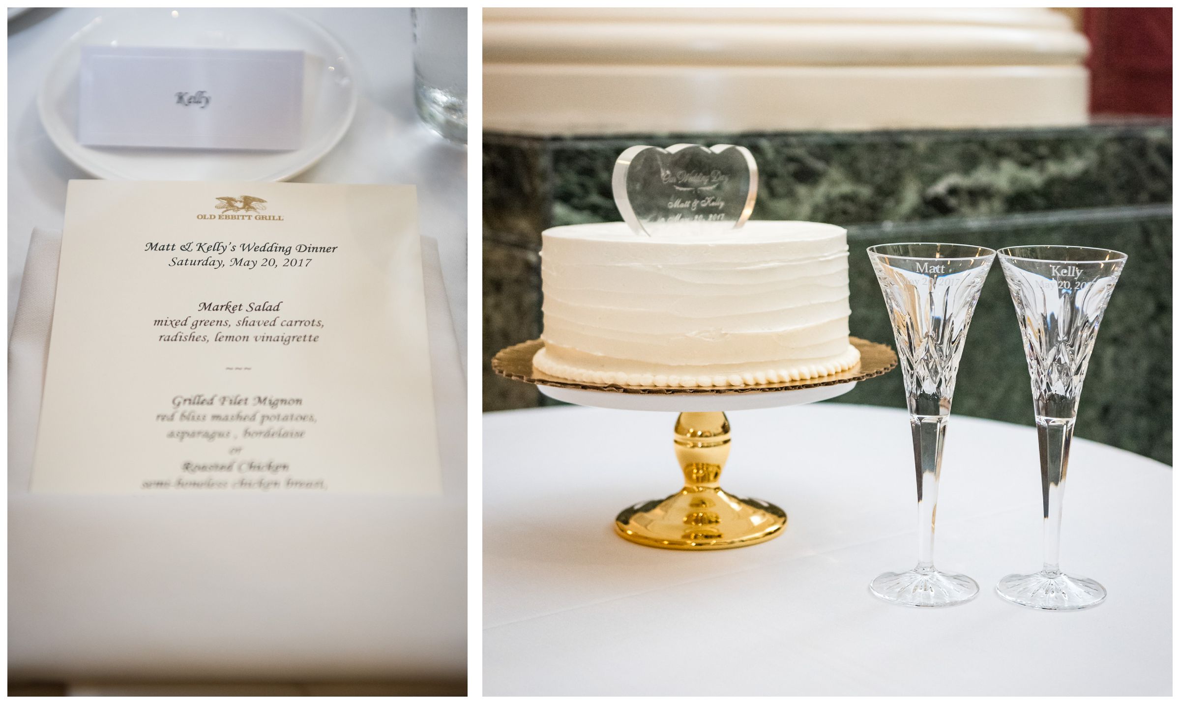 menu, cake with glass topper, and personalized champagne flutes during wedding reception dinner at Old Ebbitt Grill in Washington, D.C.