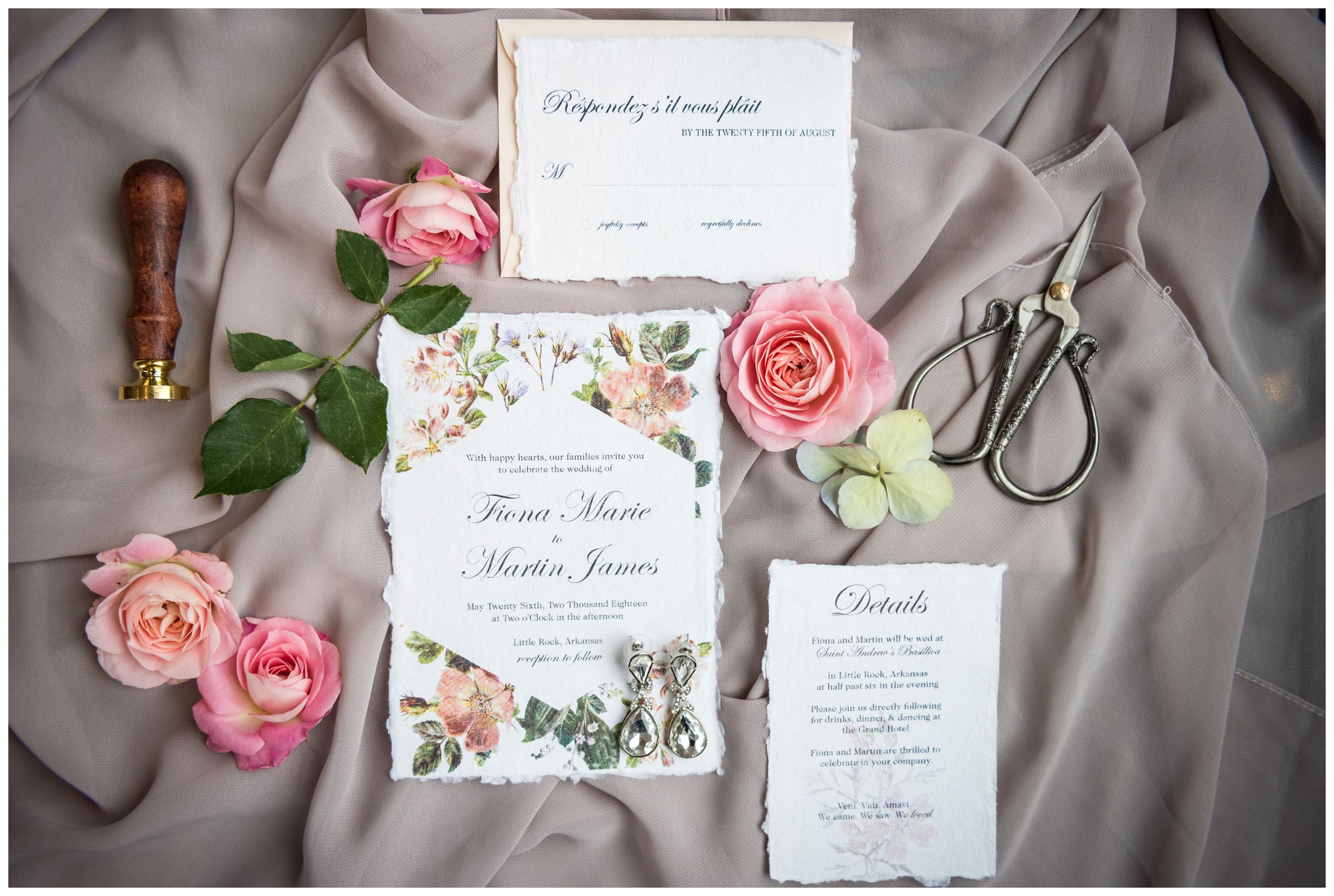wedding invitation stationery suite with pink flowers