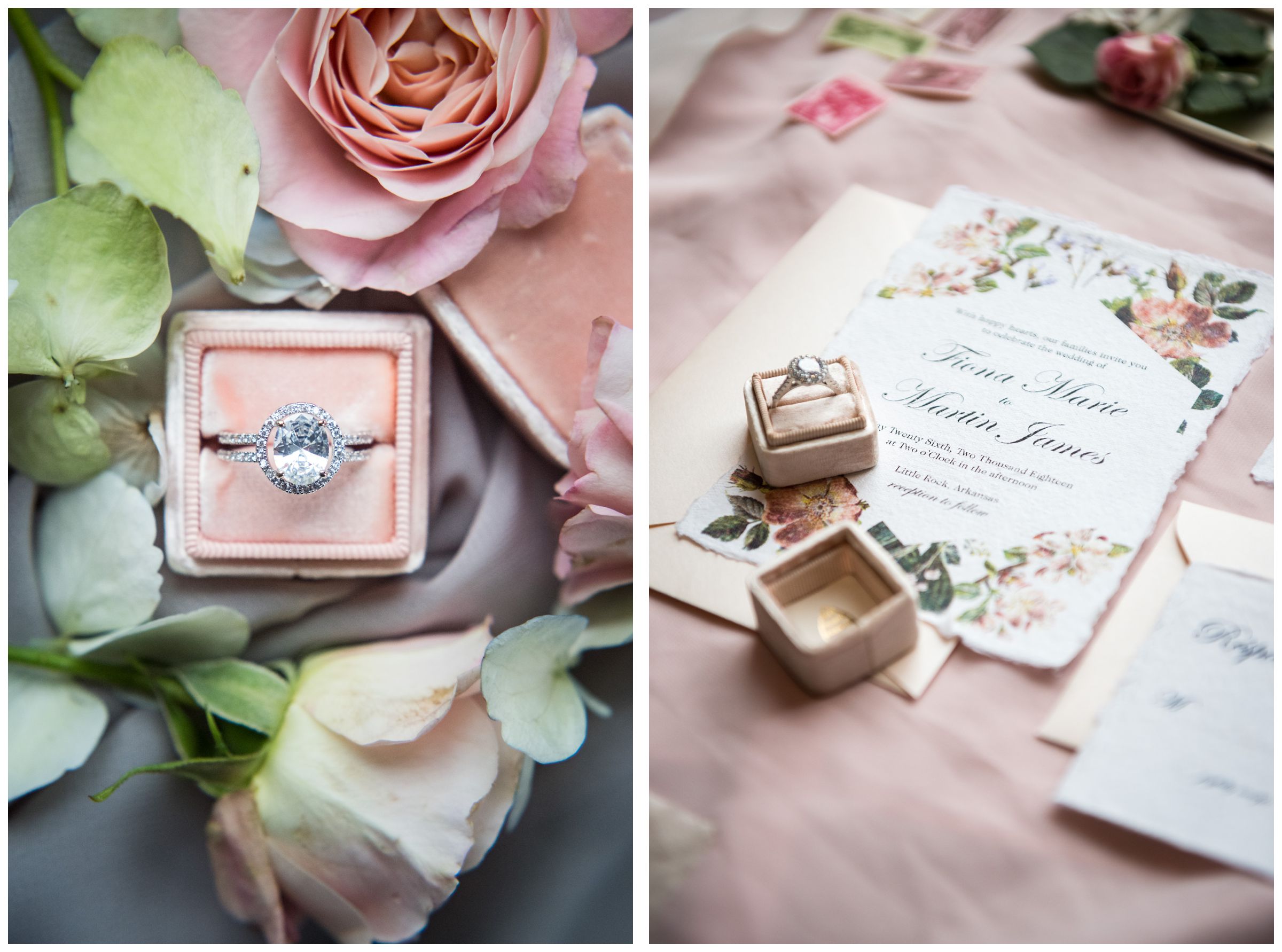 engagement ring in pink box and wedding invitation stationery suite with pink flowers