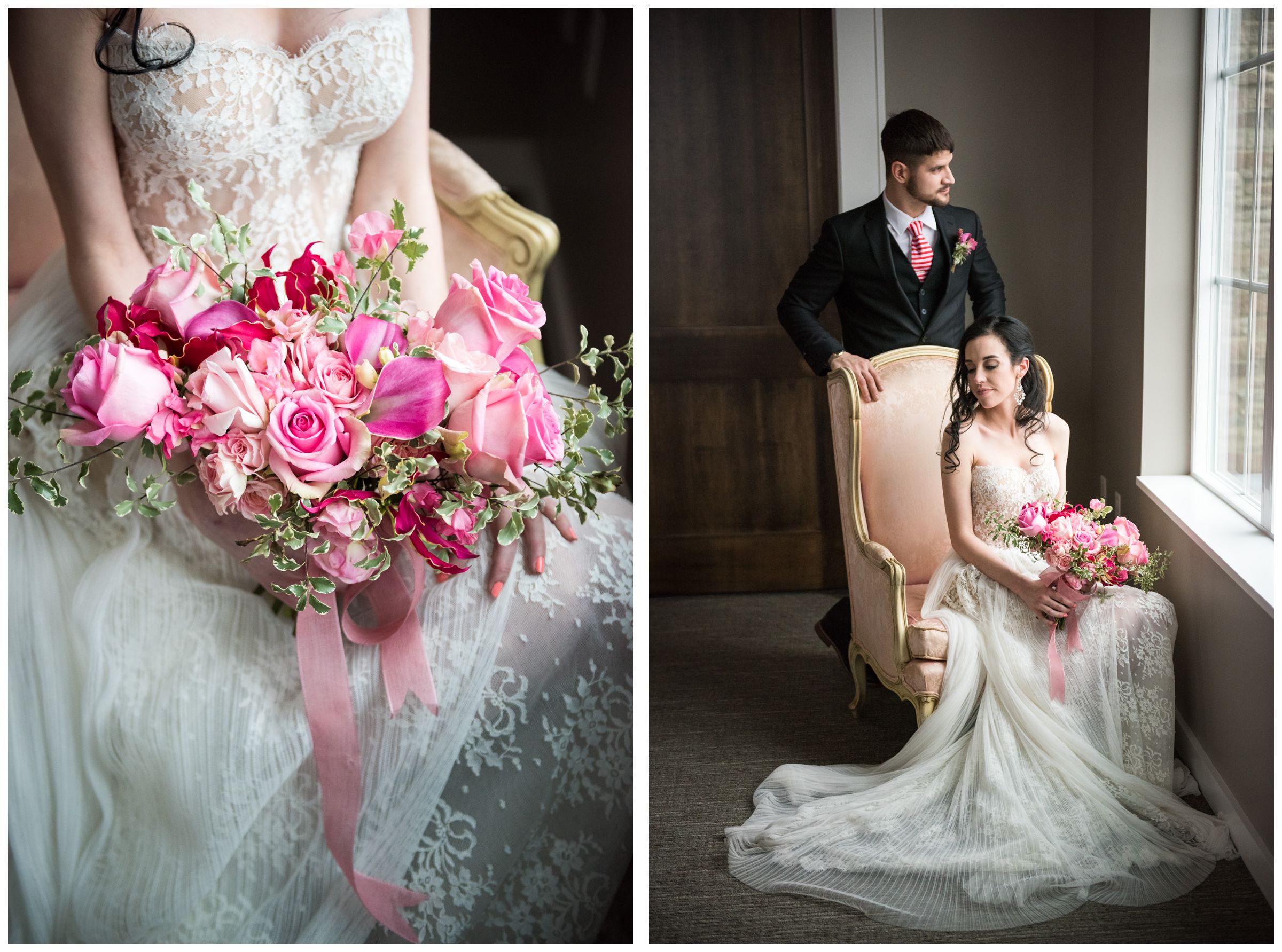 bride and groom with pink bouquet in window light