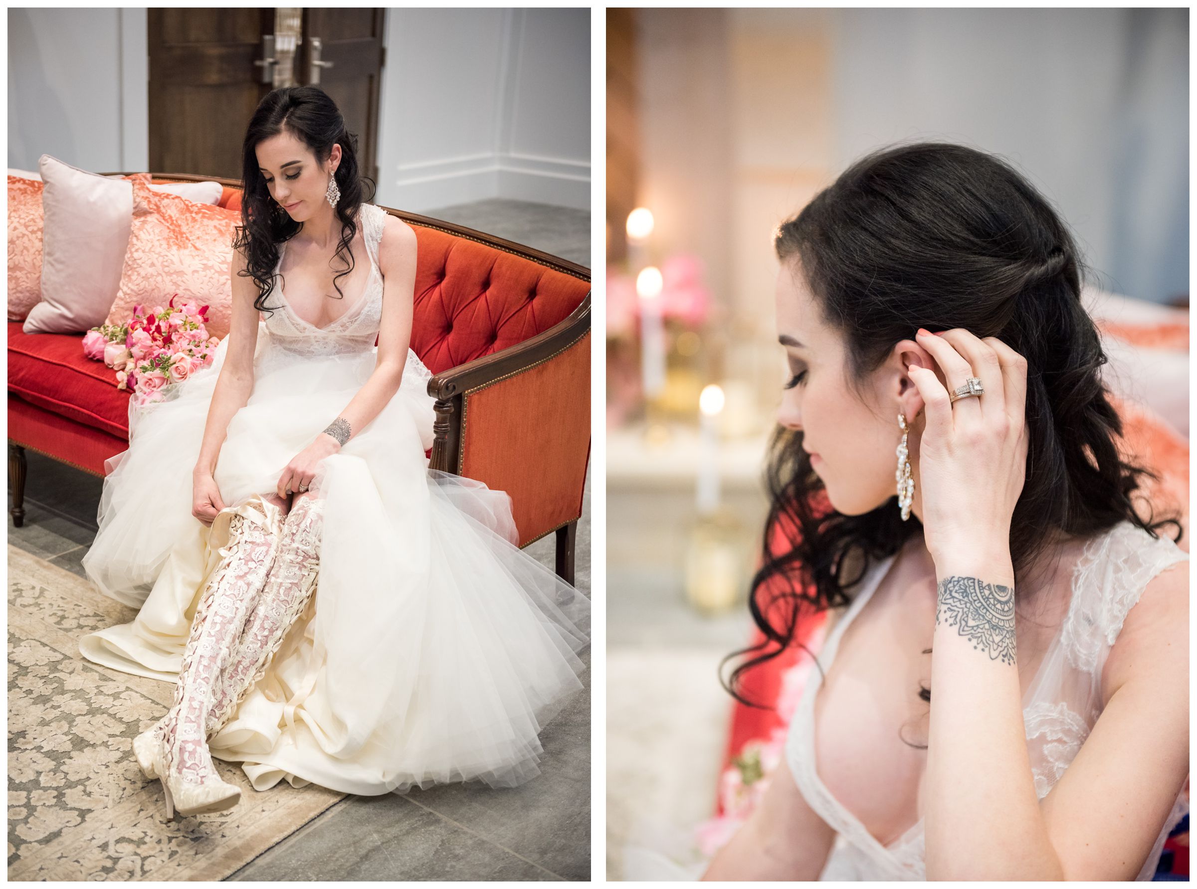 bride wearing House of Elliot wedding boots on red sofa