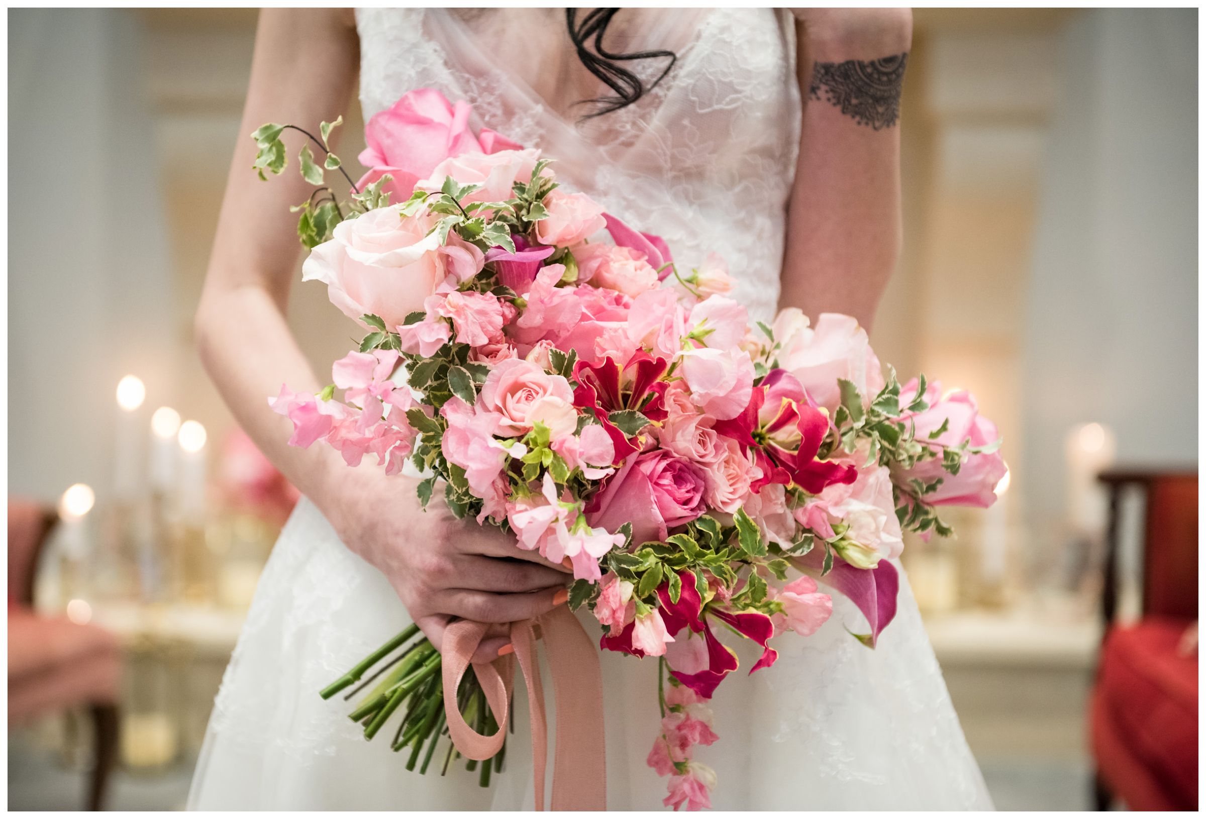 pink and red floral wedding bouquet