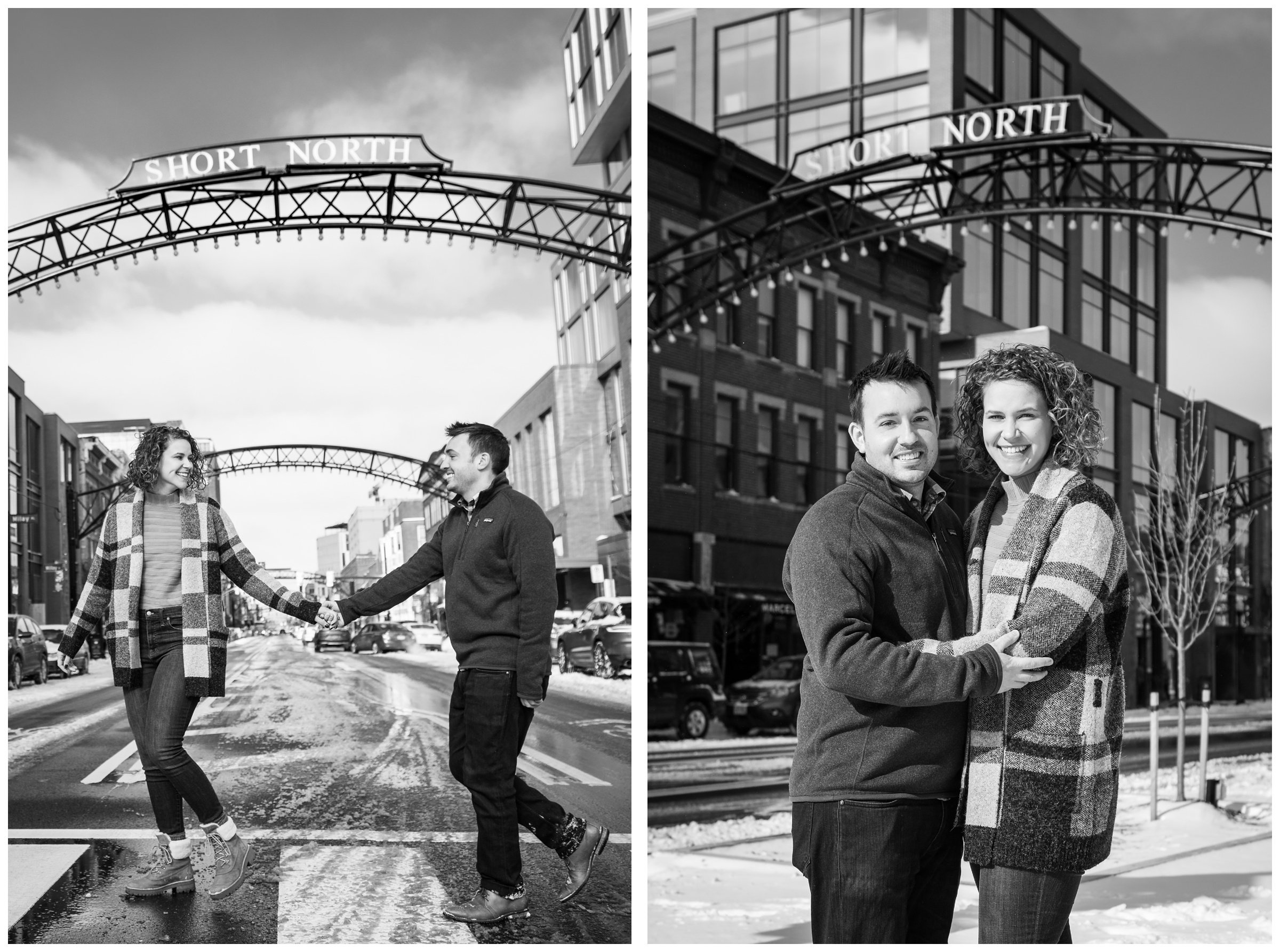 engaged couple walking under arches in the Short North neighborhood of Columbus, Ohio during snowy winter engagement session