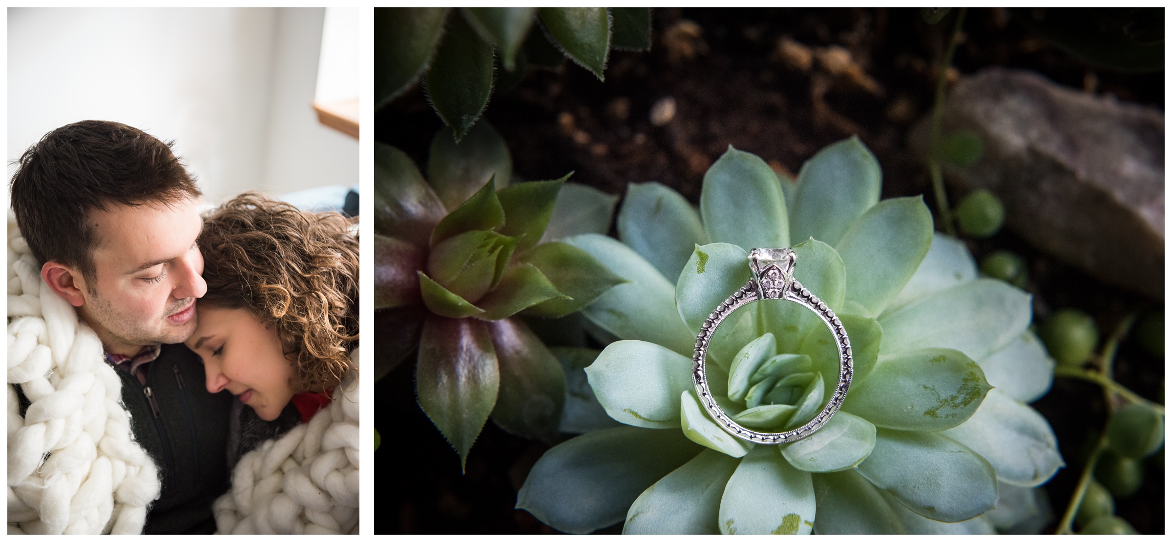 indoor winter engagement photos in the Short North neighborhood of Columbus, Ohio and engagement ring with succulent plant