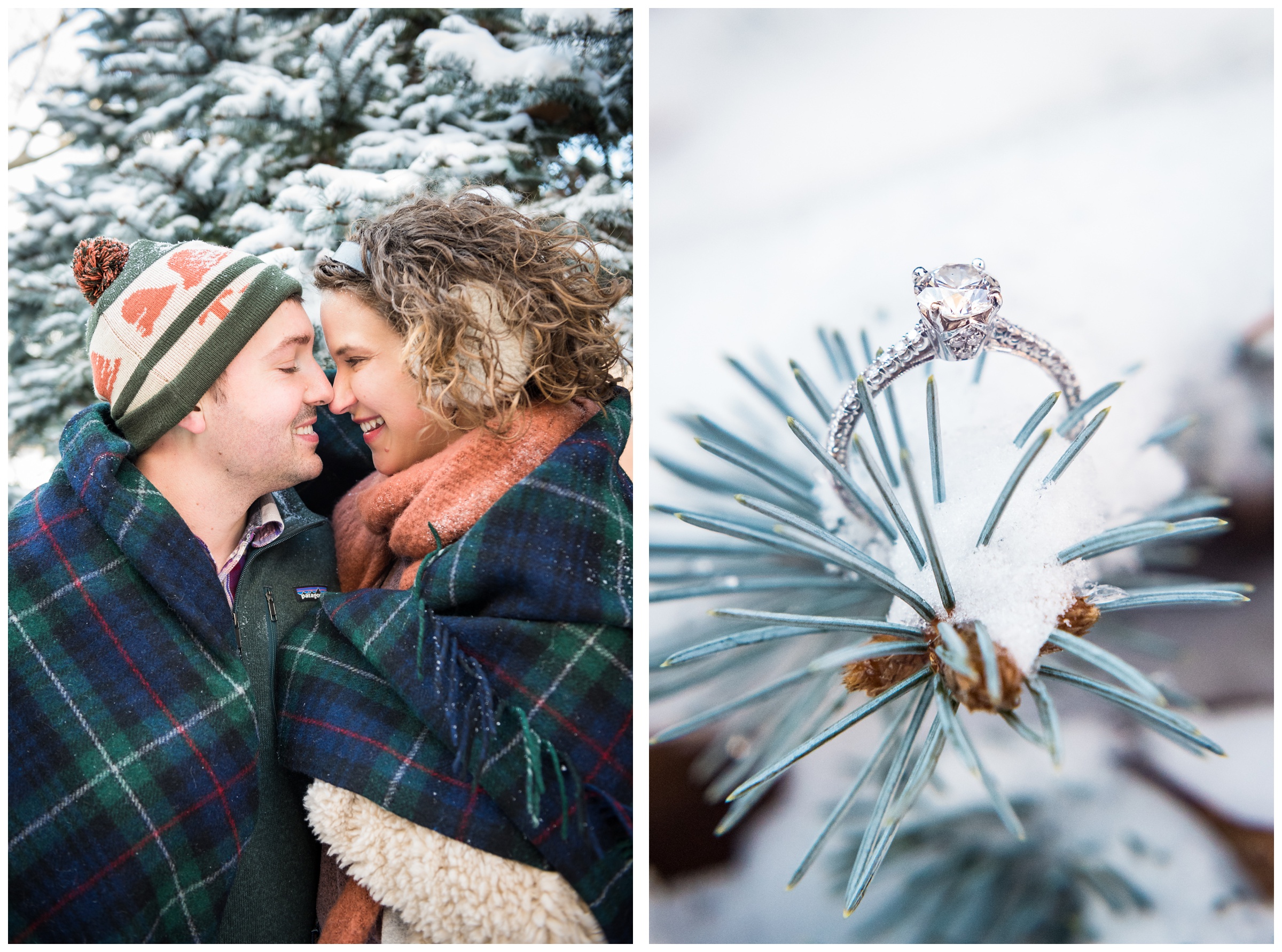 engagement ring on snowy pine branch during winter engagement session in Columbus, Ohio