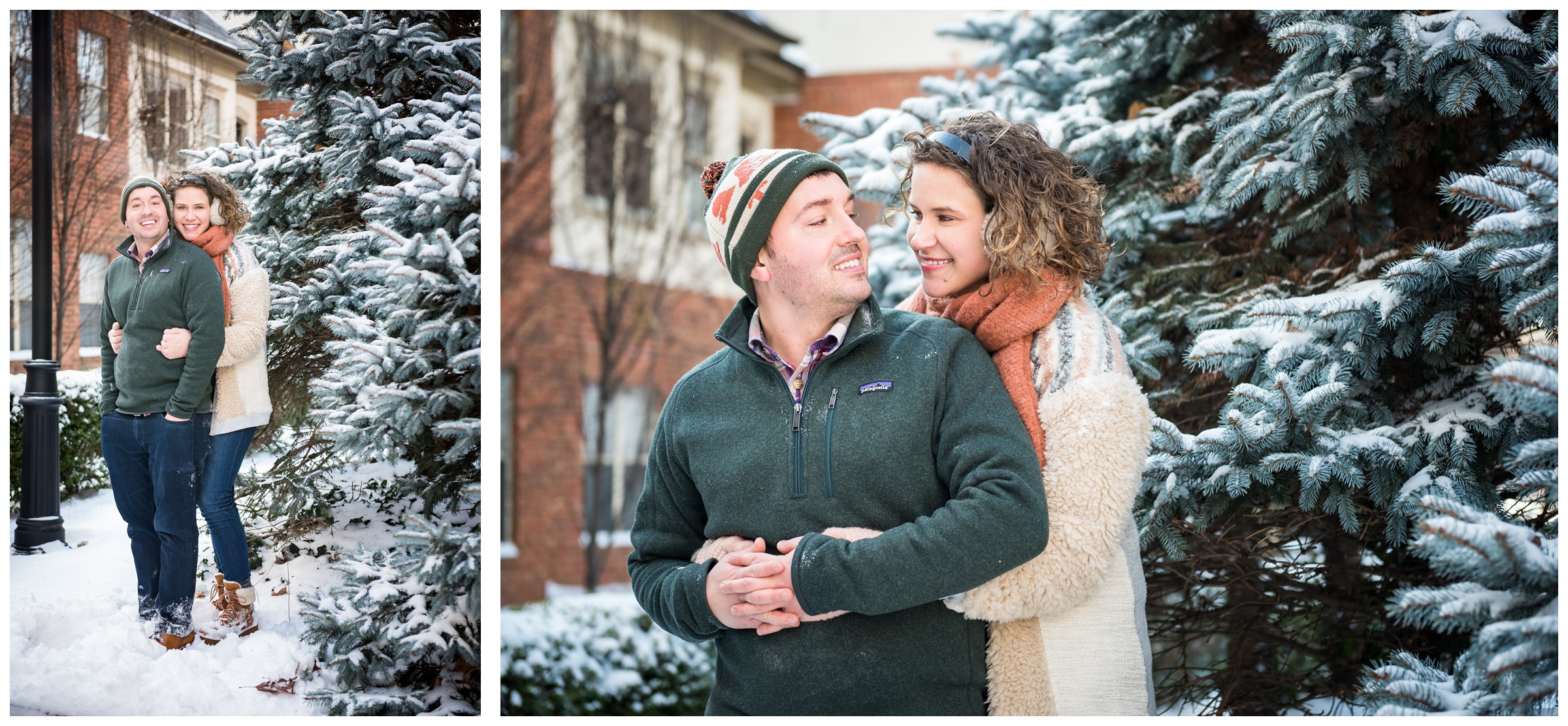 snowy engagement photos in the Short North, Columbus, Ohio during winter