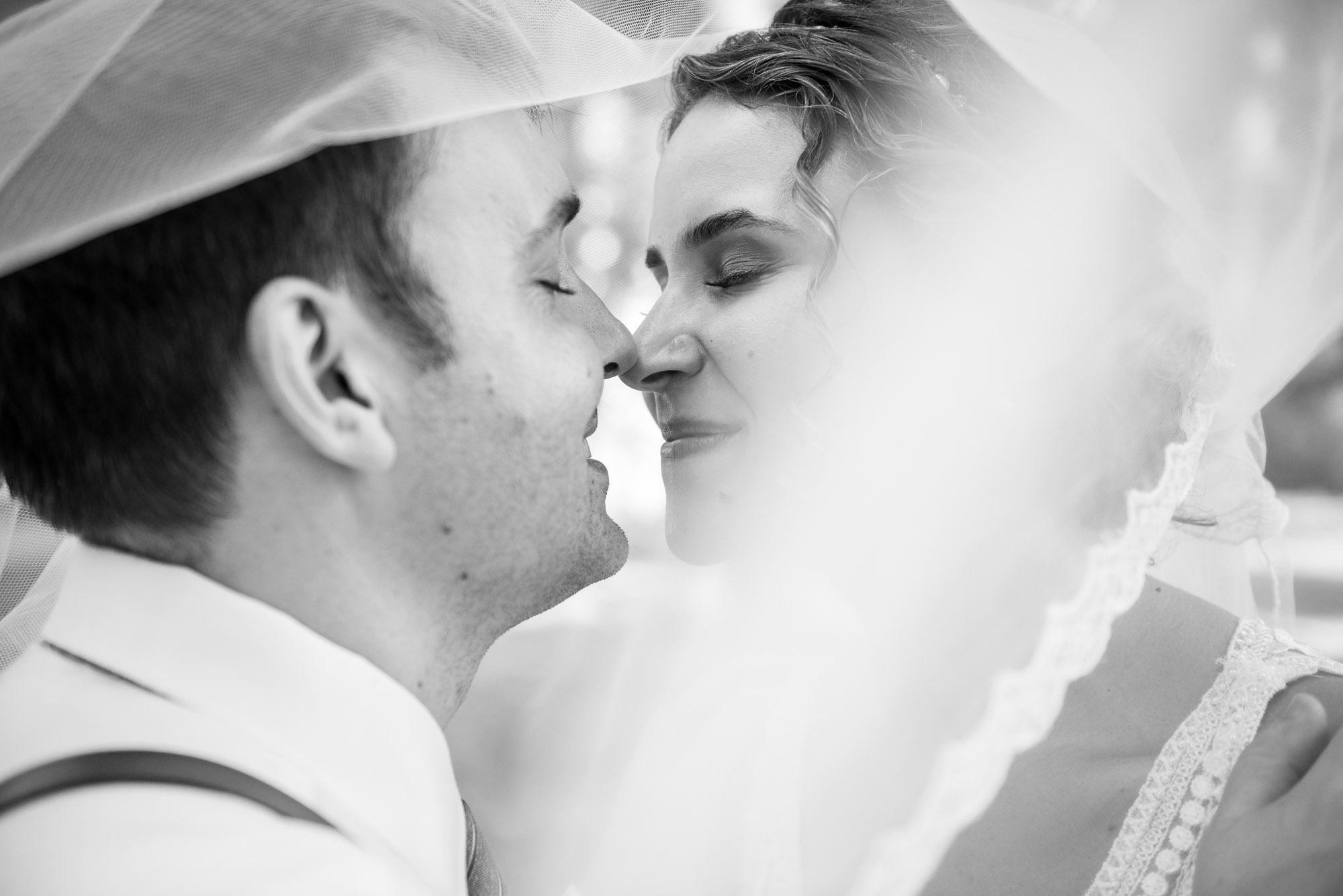 black and white wedding photo of bride and groom under veil