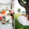 colorful wedding bouquet with thistles and bride with floral headpiece