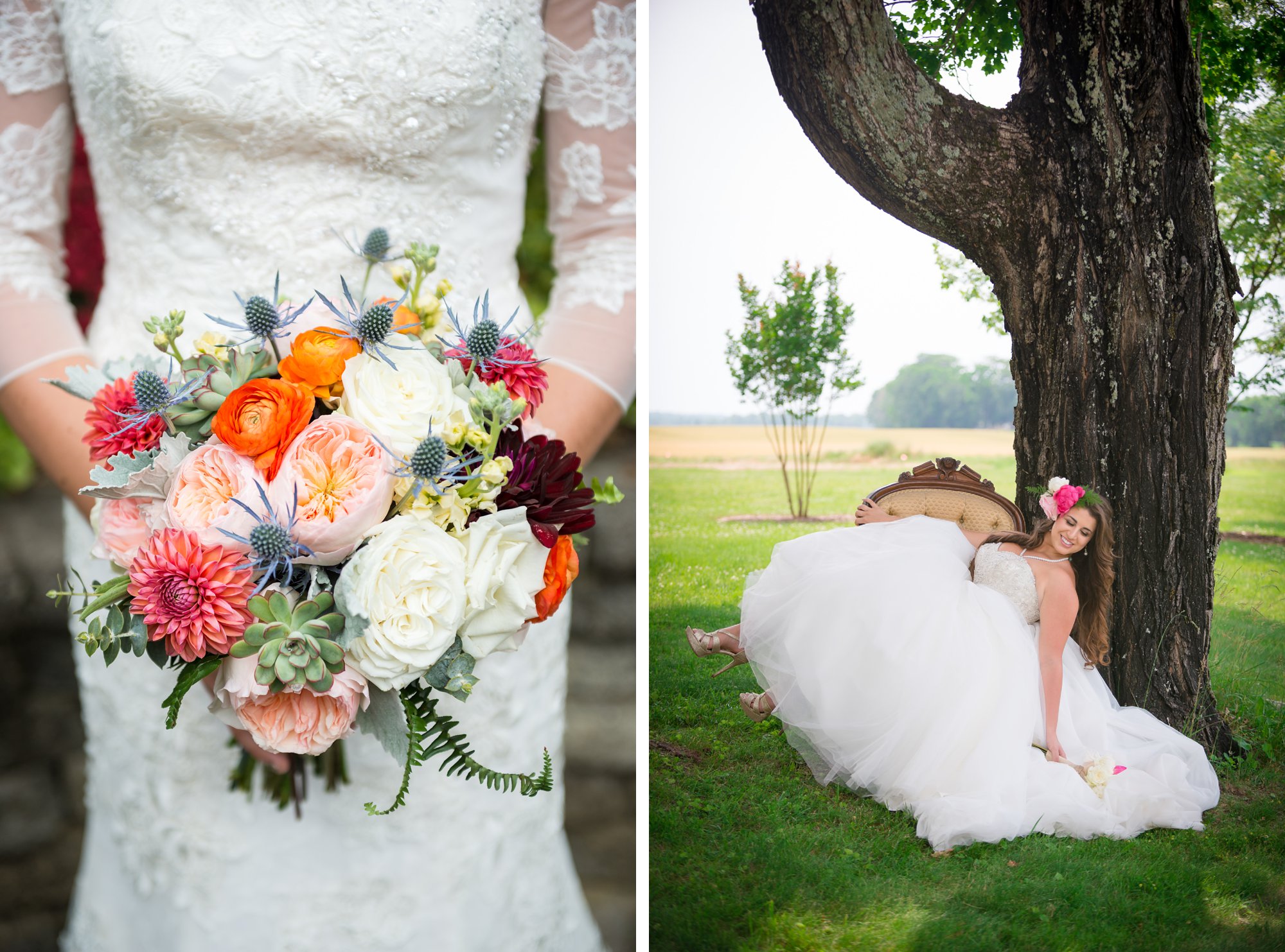 colorful wedding bouquet with thistles and bride with floral headpiece