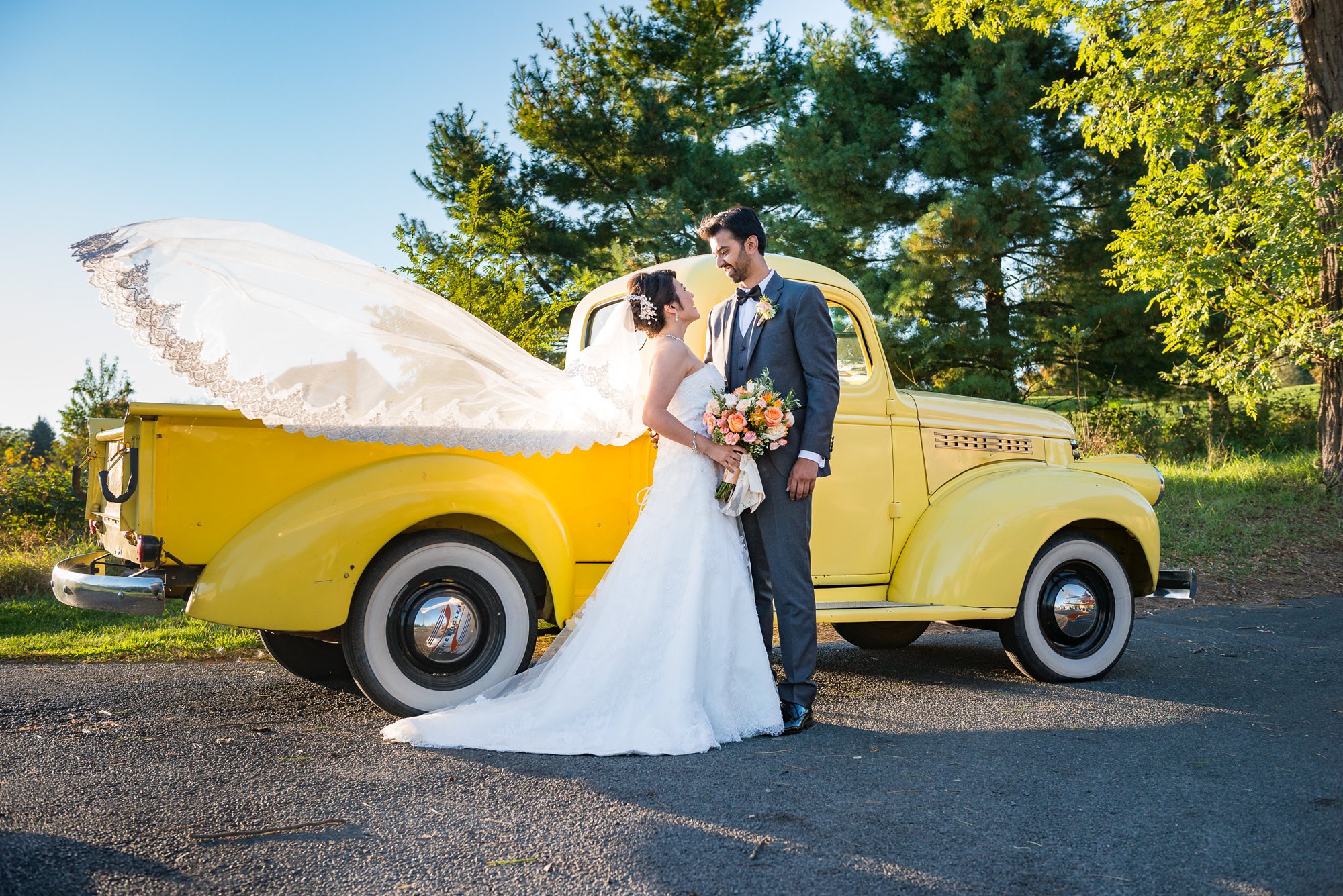 vintage yellow truck wedding photos