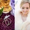 wedding rings on colorful purple and orange flowers and winter bride with fur wrap