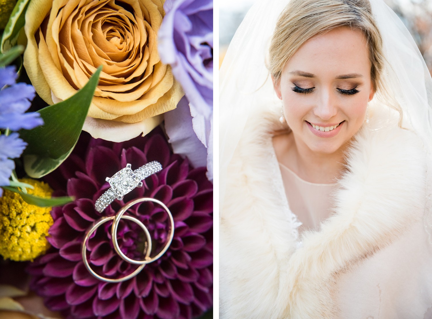 wedding rings on colorful purple and orange flowers and winter bride with fur wrap