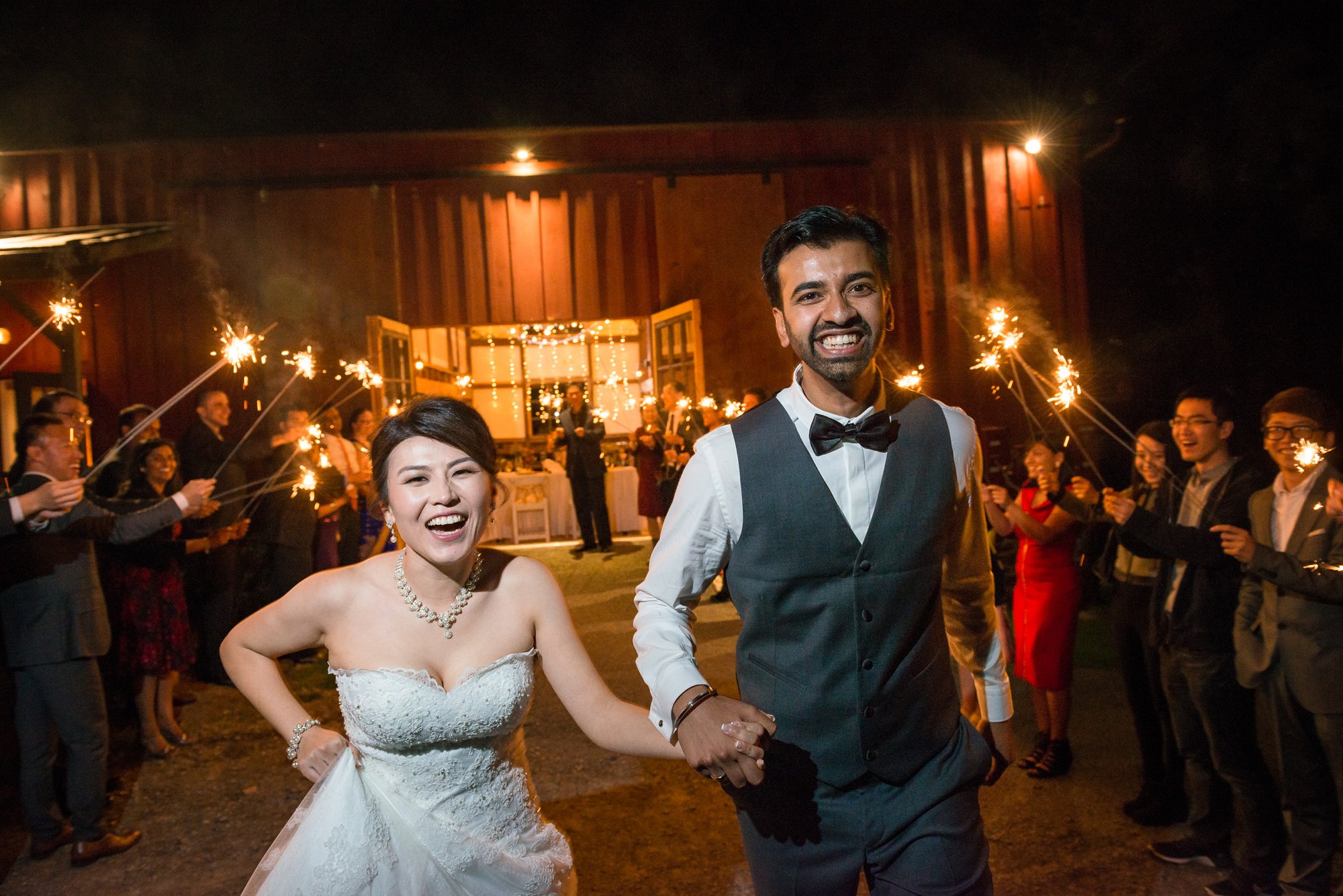 night photography sparkler exit send off after barn wedding reception