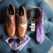 groom's purple wedding day attire, including brown shoes, belt, tie, cufflinks, handkerchief, and Ray Ban sunglasses