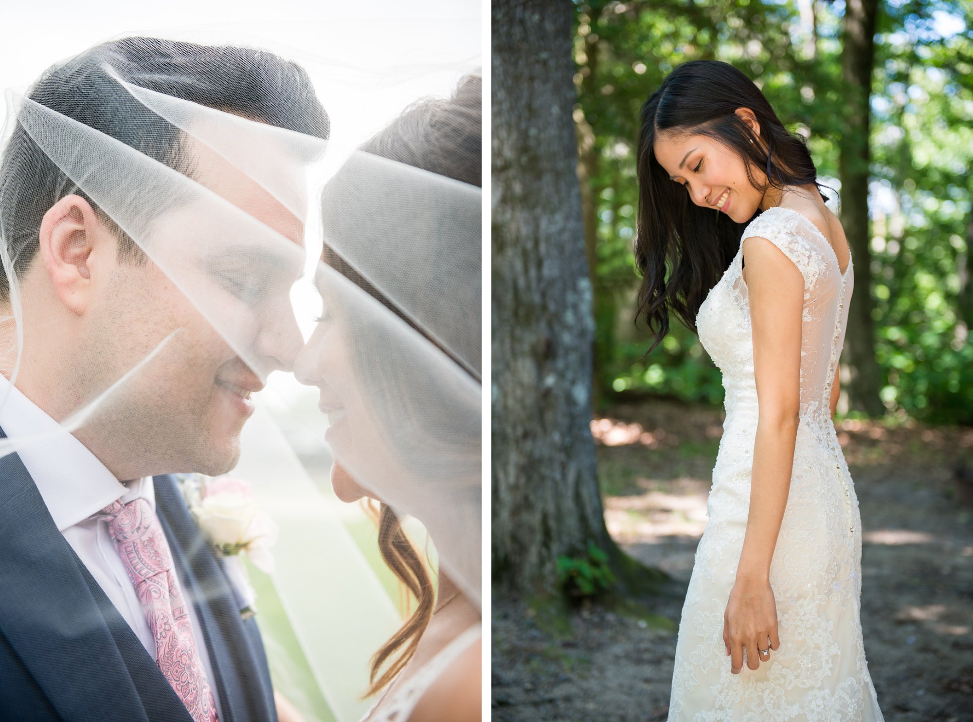 Columbus wedding photography of bride and groom under veil and Asian bride in lace gown