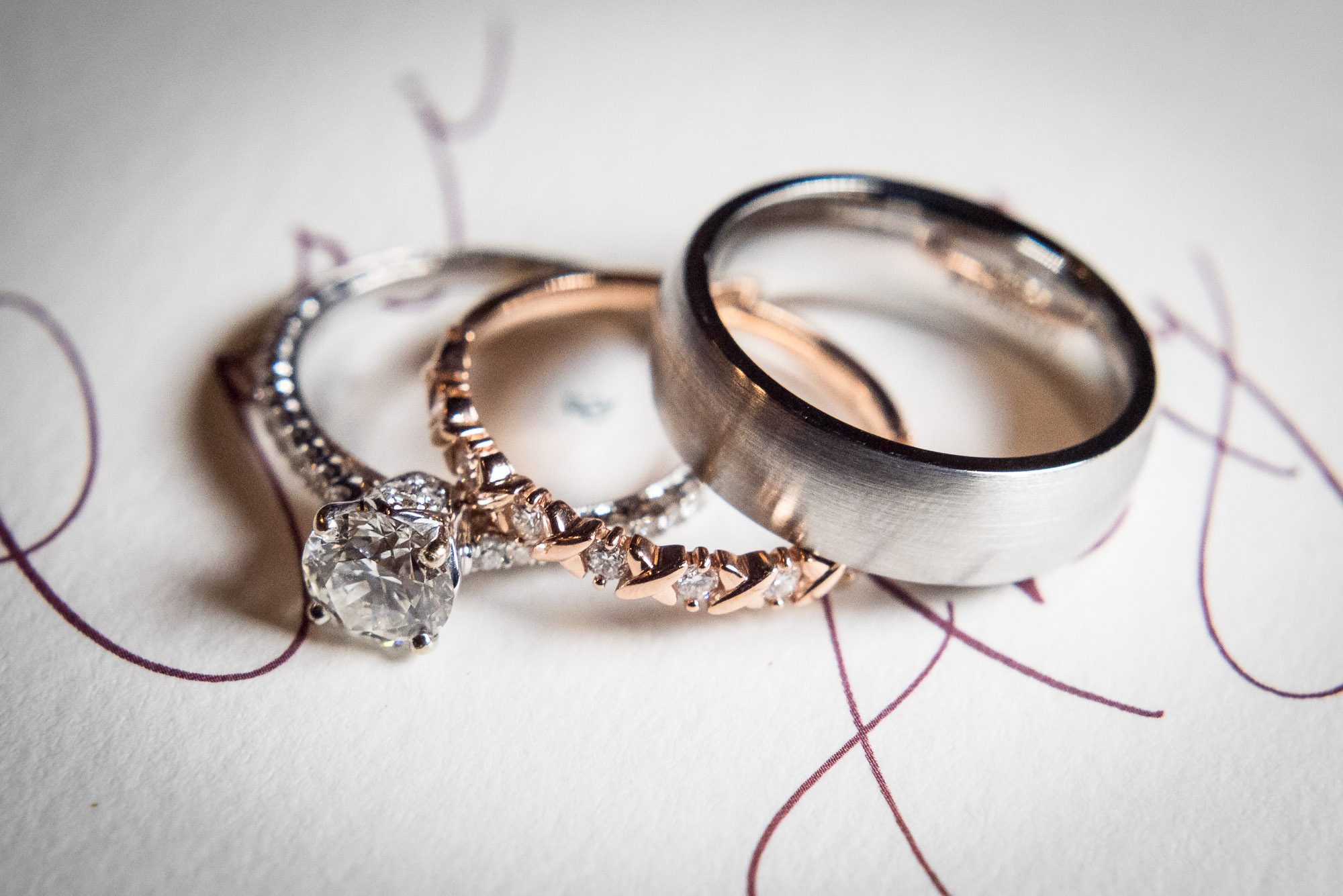 wedding rings with rose gold band on wedding invitations