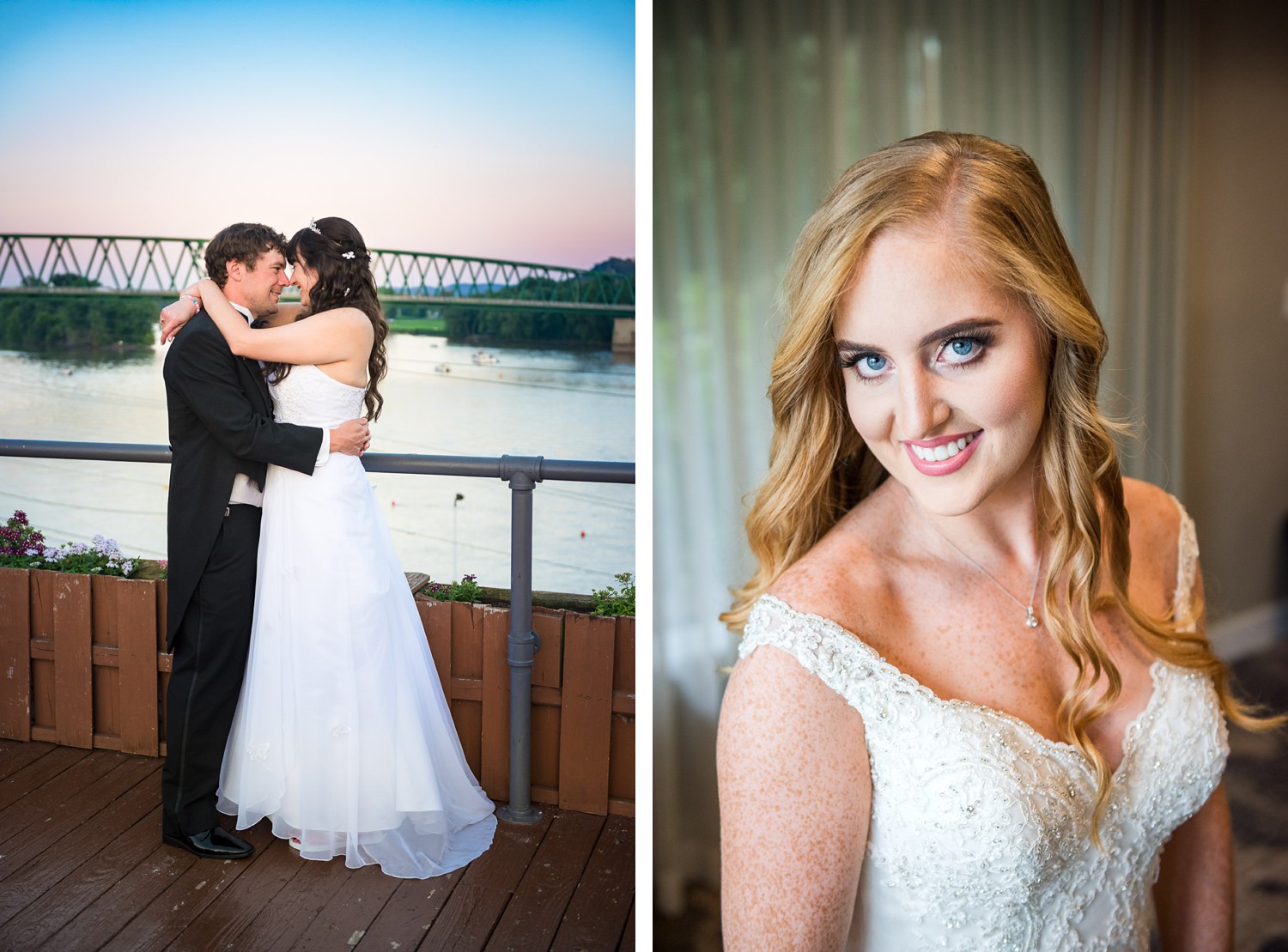 riverfront wedding photography at sunset in Marietta Ohio and bride with red hair and blue eyes