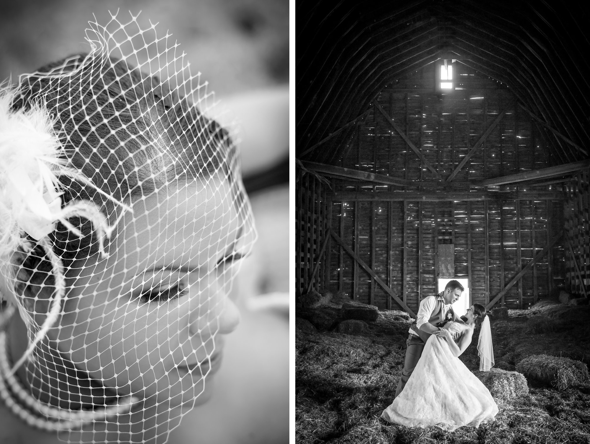 bride with birdcage veil and bride and groom in rustic barn wedding