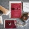 red and gold bridal accessories, shoes, jewelry, perfume, invitations, and wedding rings