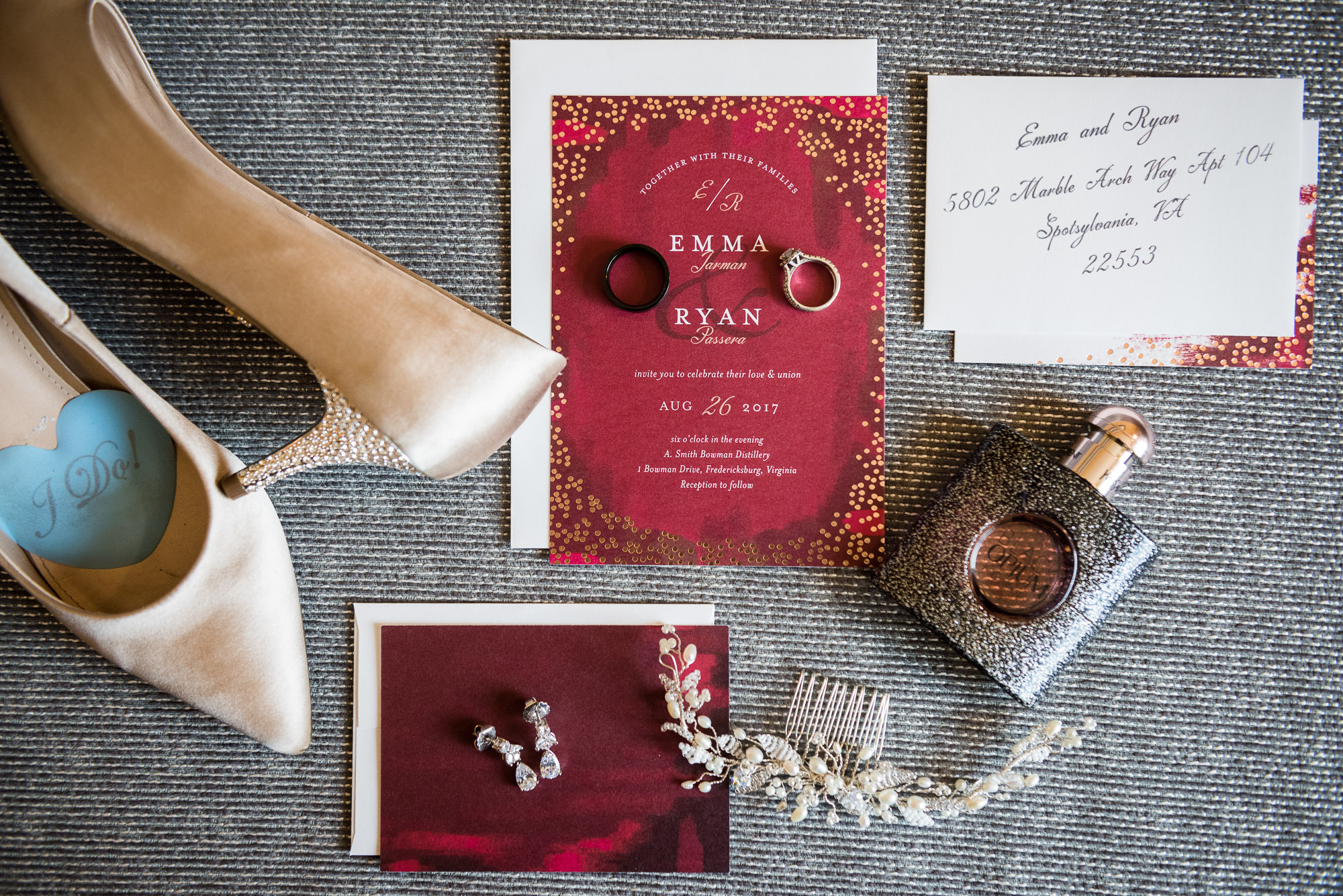 red and gold bridal accessories, shoes, jewelry, perfume, invitations, and wedding rings