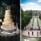 modern silver wedding cake and aerial view of wedding in park