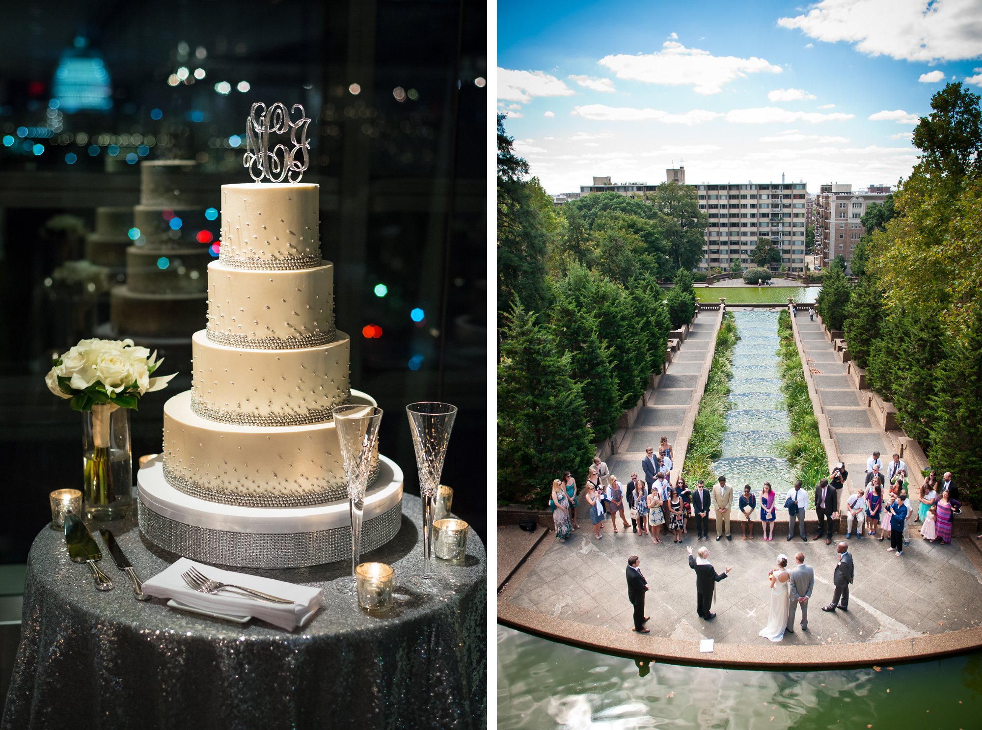 modern silver wedding cake and aerial view of wedding in park