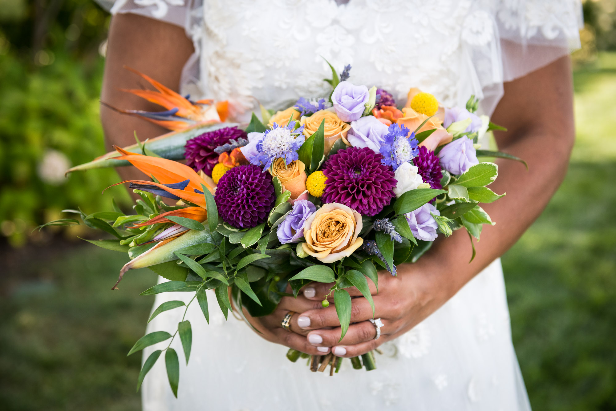 purple and orange bridal bouquet at Jorgensen Farms in Westerville Ohio
