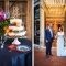 colorful wedding cake and bride and groom at wedding reception at Lindey's in German Village in Columbus