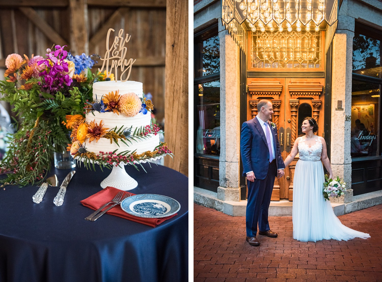 colorful wedding cake and bride and groom at wedding reception at Lindey's in German Village in Columbus