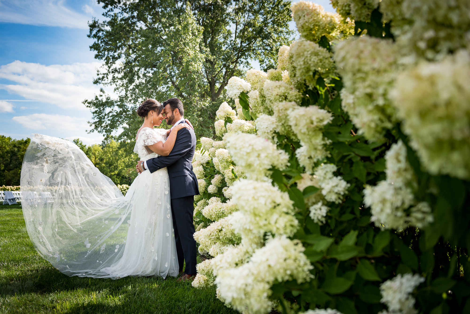 bride and groom with hydrangeas by Jorgensen Farms wedding photographer in Columbus Ohio