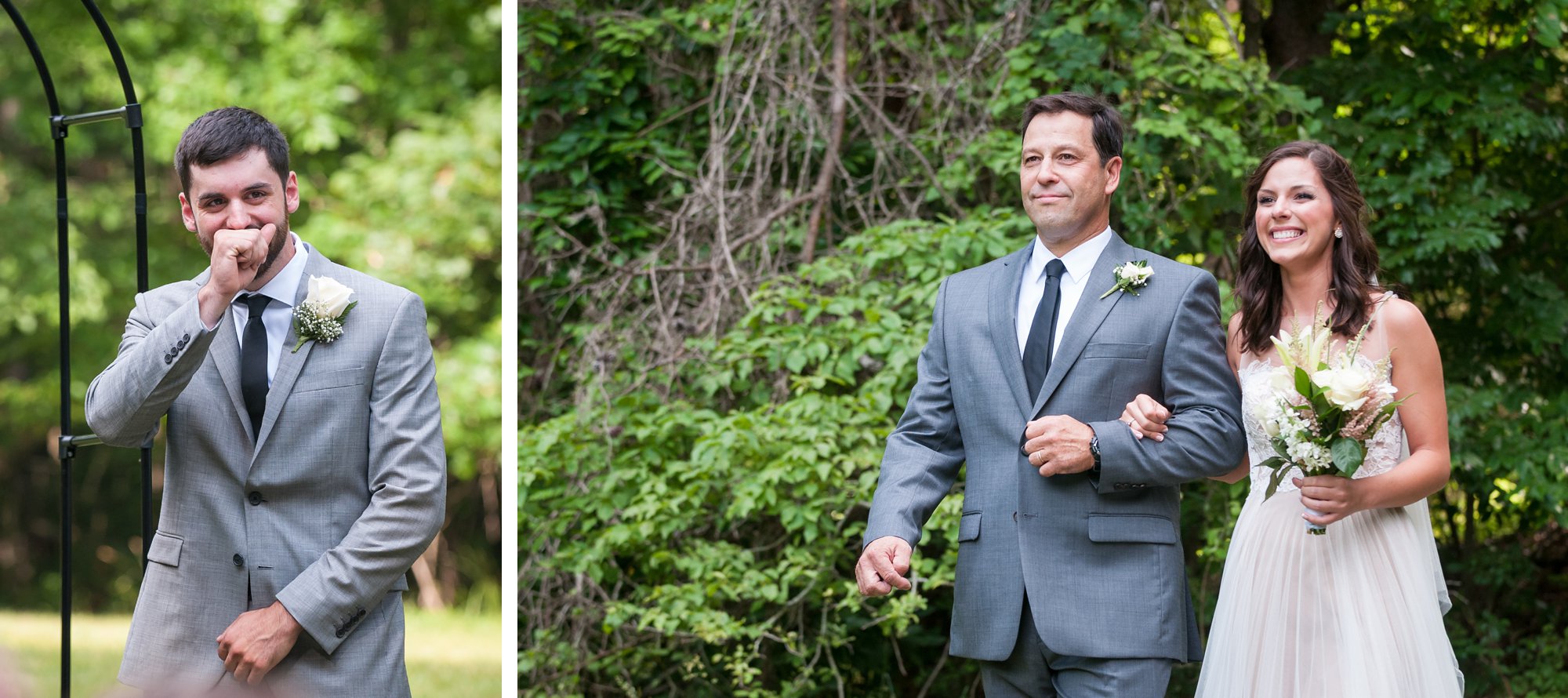 groom reacts to seeing bride walk down the aisle