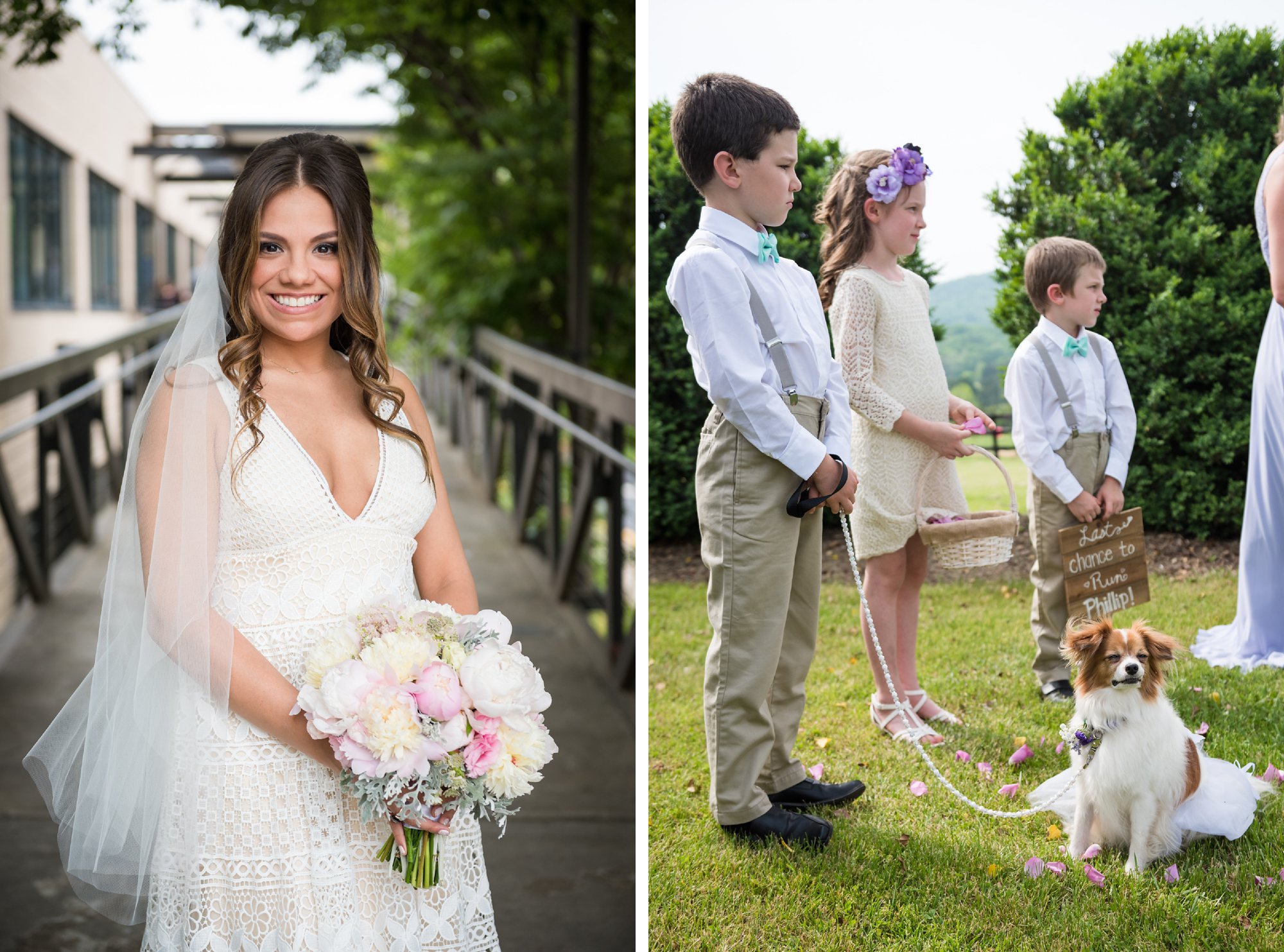 ring bearer and flower girls with dog during rustic outdoor wedding