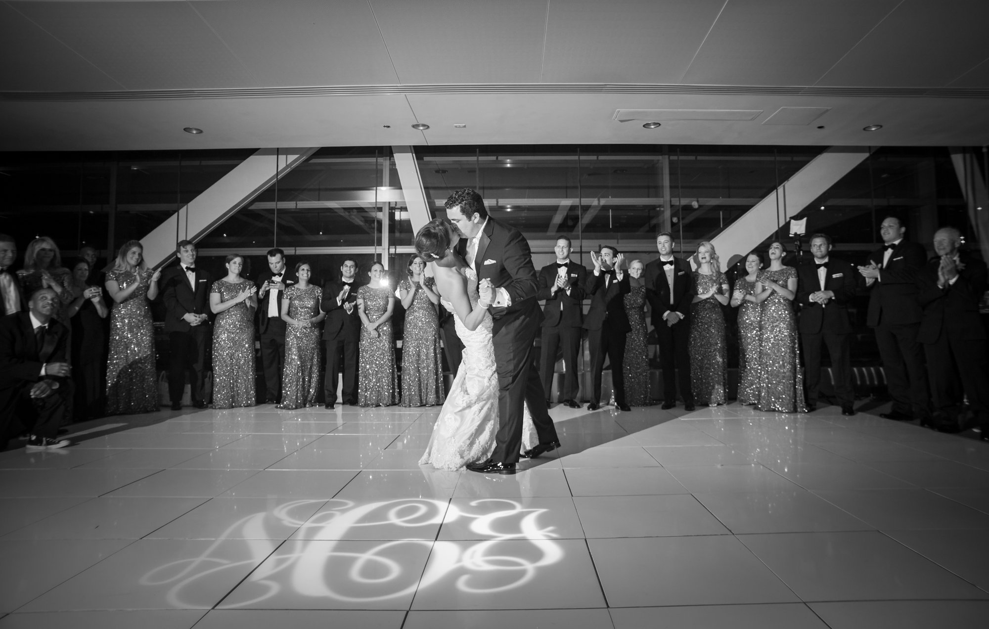 bride and groom first dance at black tie wedding