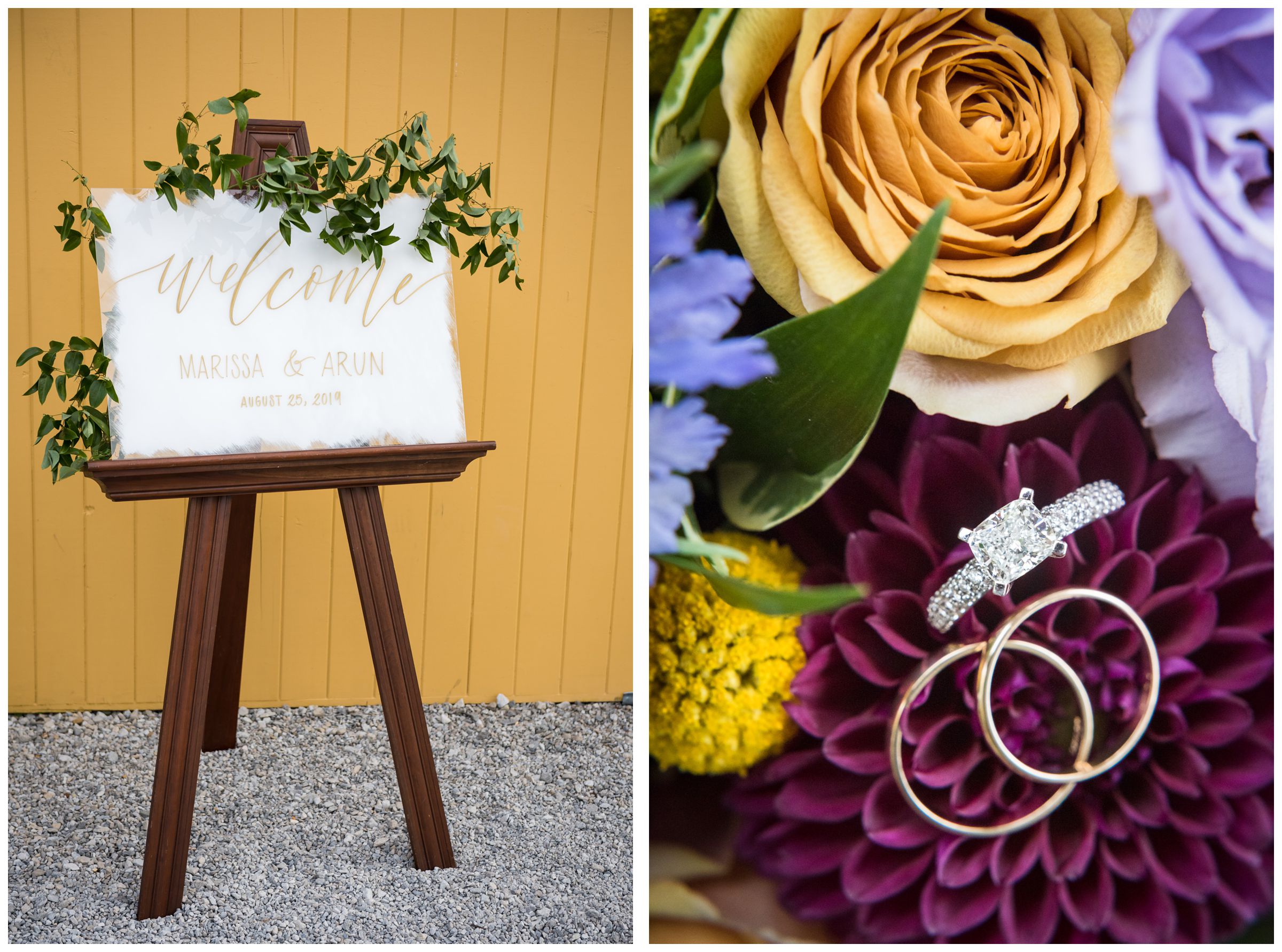 rustic summer script wedding welcome sign with greenery and colorful purple and yellow bouquet with wedding rings