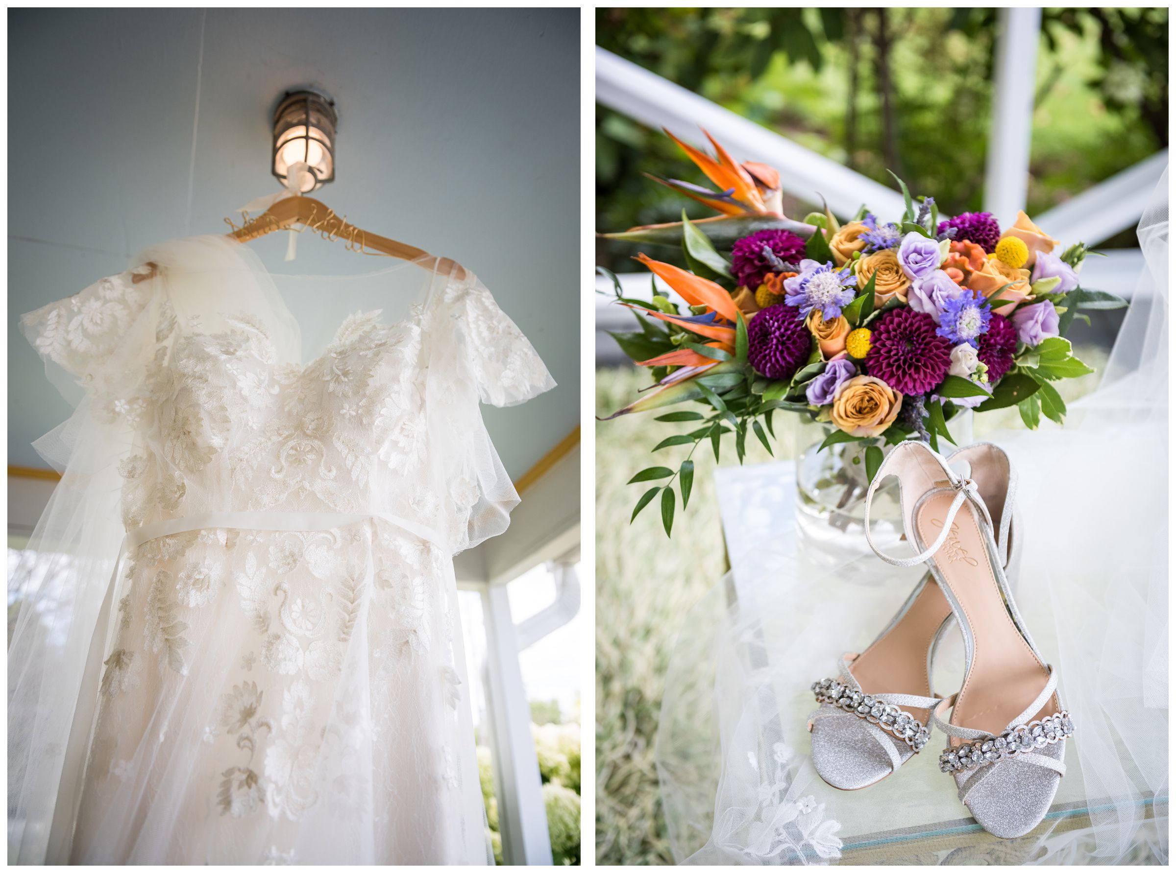 wedding dress with lace flutter sleeves and custom dress hanger, colorful purple and yellow bridal bouquet, silver shoes