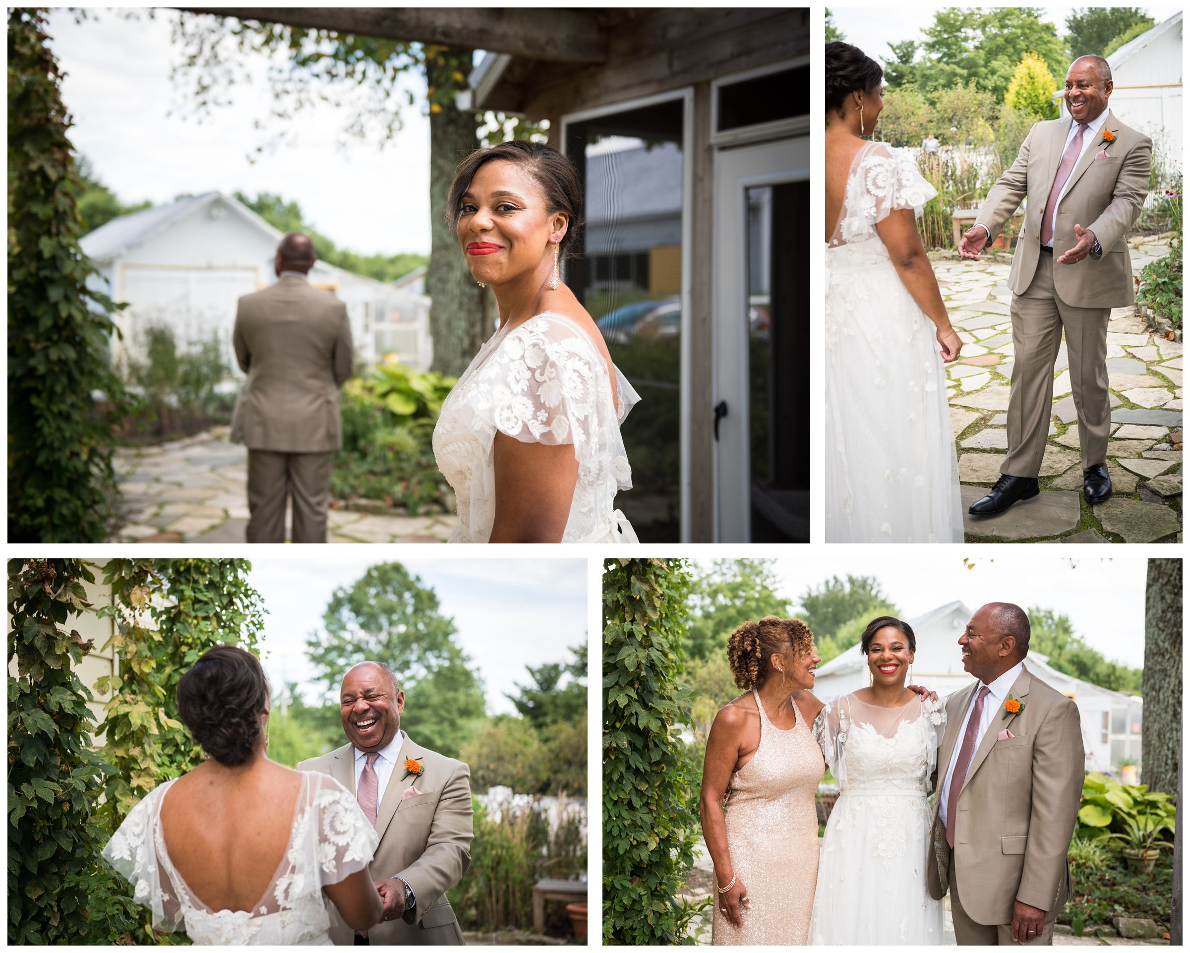 African American black bride doing first look with dad, father daughter first look at Jorgensen Farms wedding in Columbus Ohio
