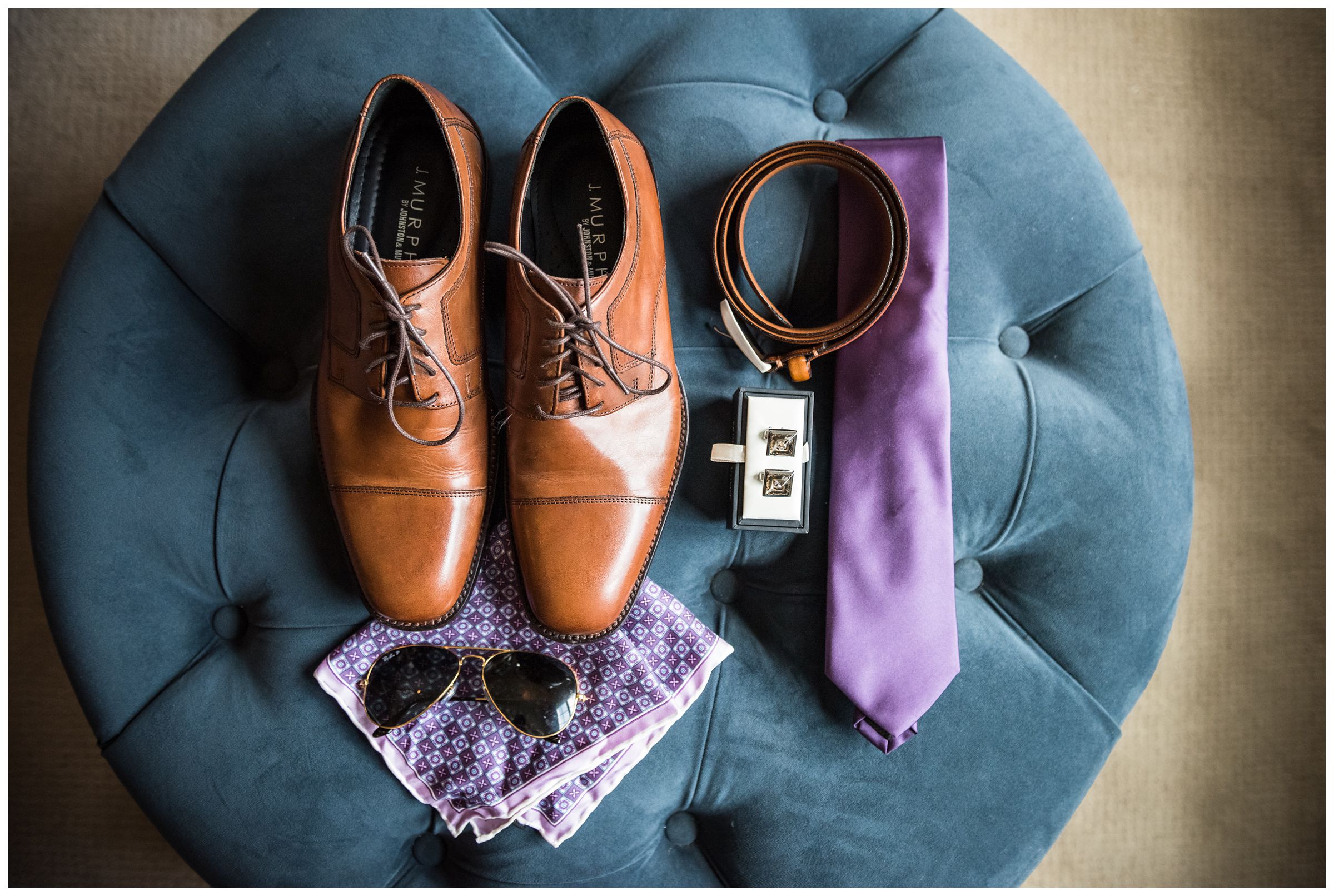purple lilac groom attire detail photo, wedding tie, cufflinks, handkerchief, brown shoes, Ray Ban sunglasses