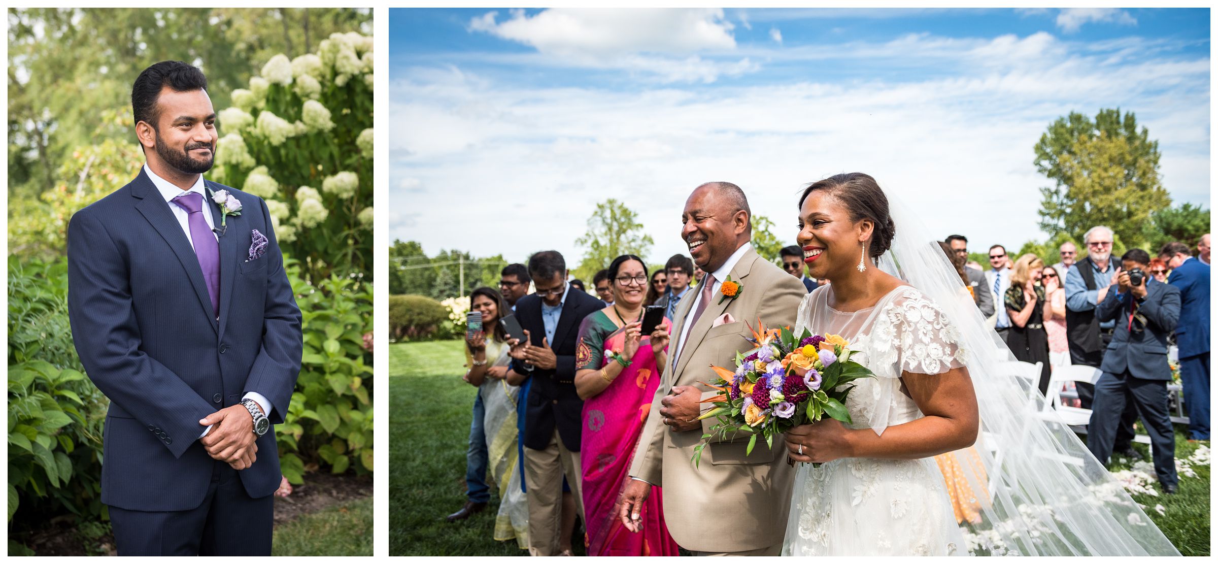 Indian groom waiting as black bride walks down aisle with father during summer Jorgensen Farms wedding