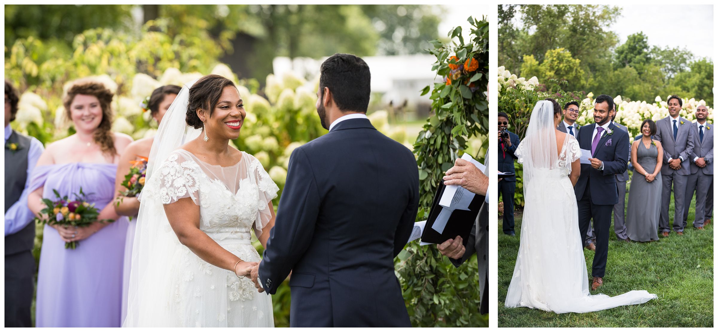 Indian groom and African American bride exchanging vows during summer wedding ceremony at Jorgensen Farms in Columbus Ohio