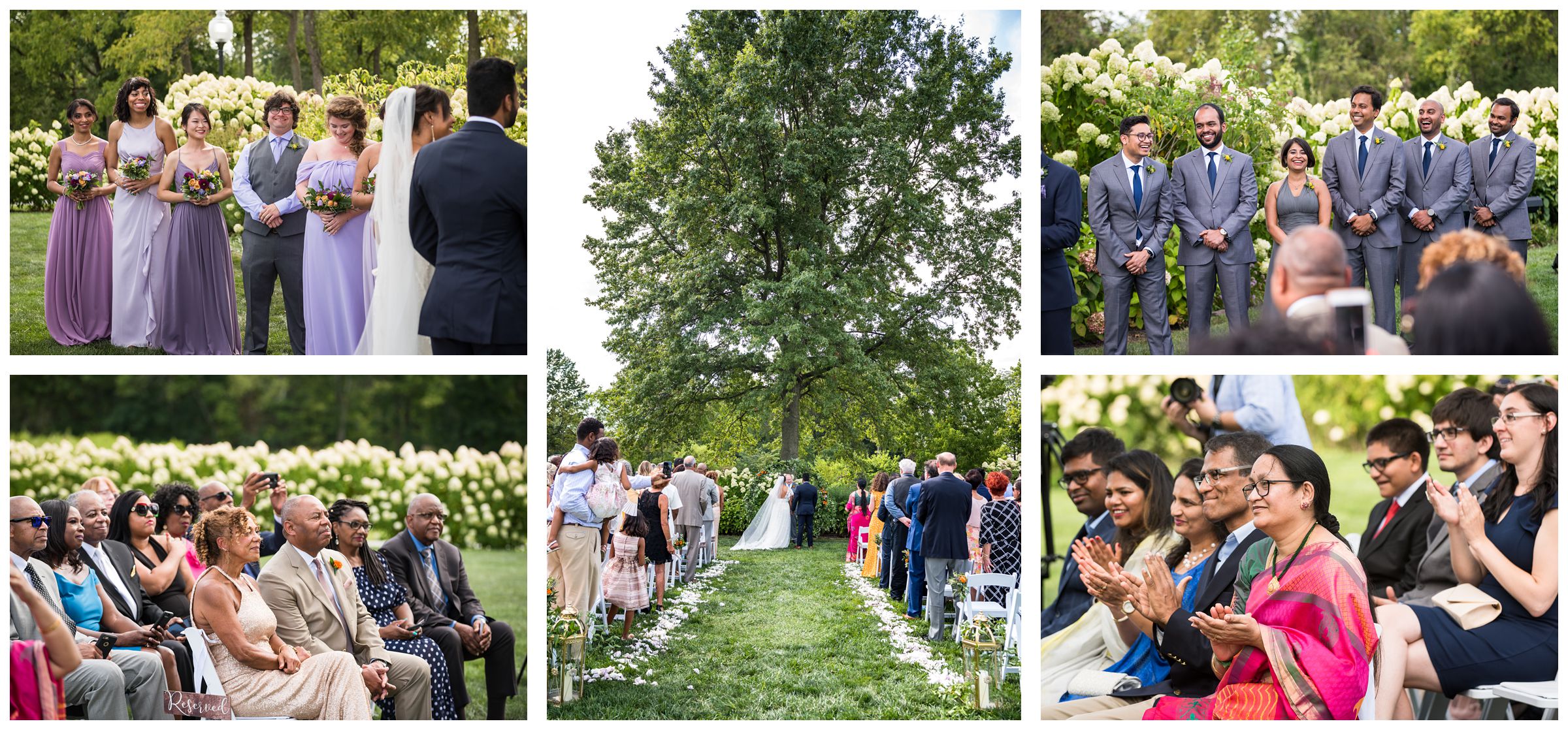 diverse wedding party and family members watch wedding ceremony with Indian and African American influences at Jorgensen Farms in Columbus