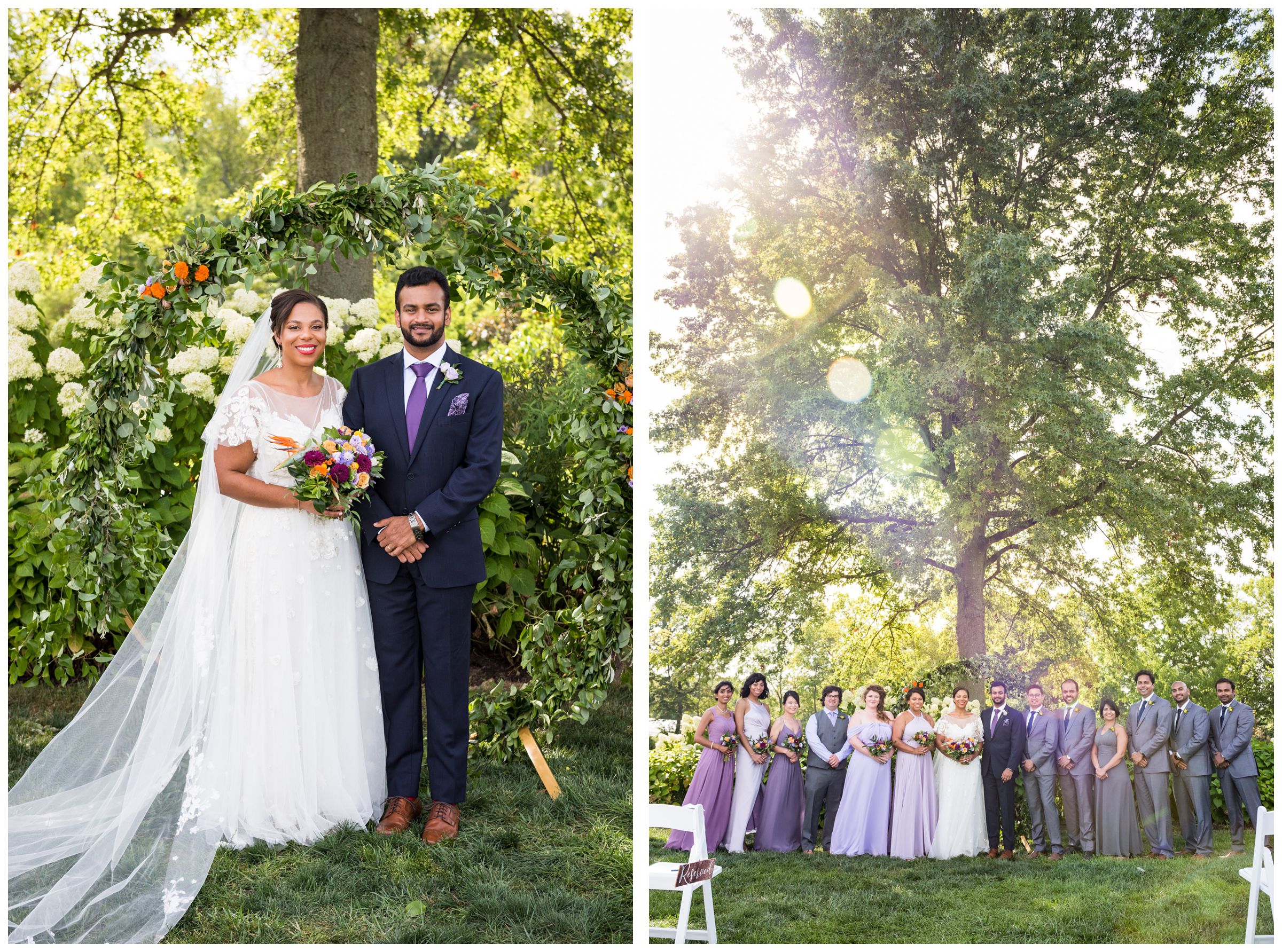 bride and groom with diverse wedding party with lilac purple, blue and gold color scheme