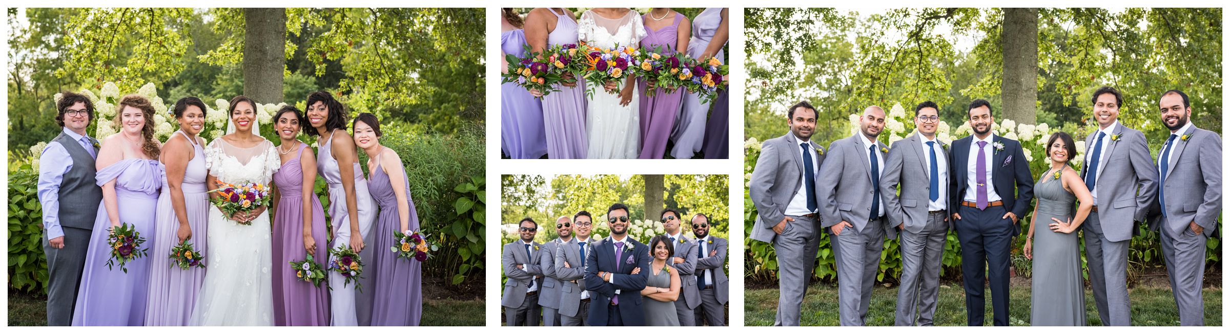 Diverse co-ed mixed gender wedding party with groomswoman and bridesman wearing sunglasses and holding purple and gold bouquets
